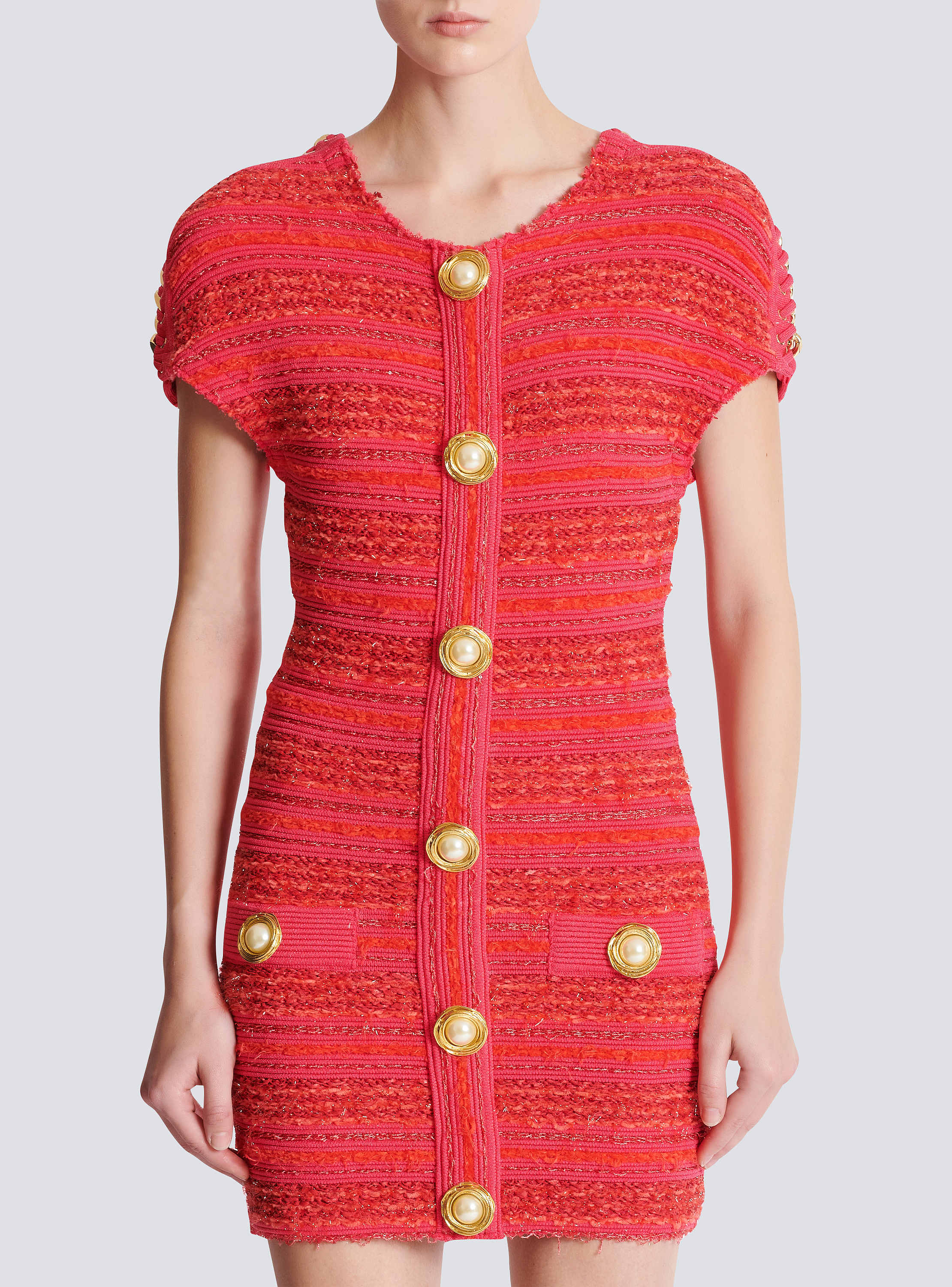 Short-sleeve chains details tweed mini dress