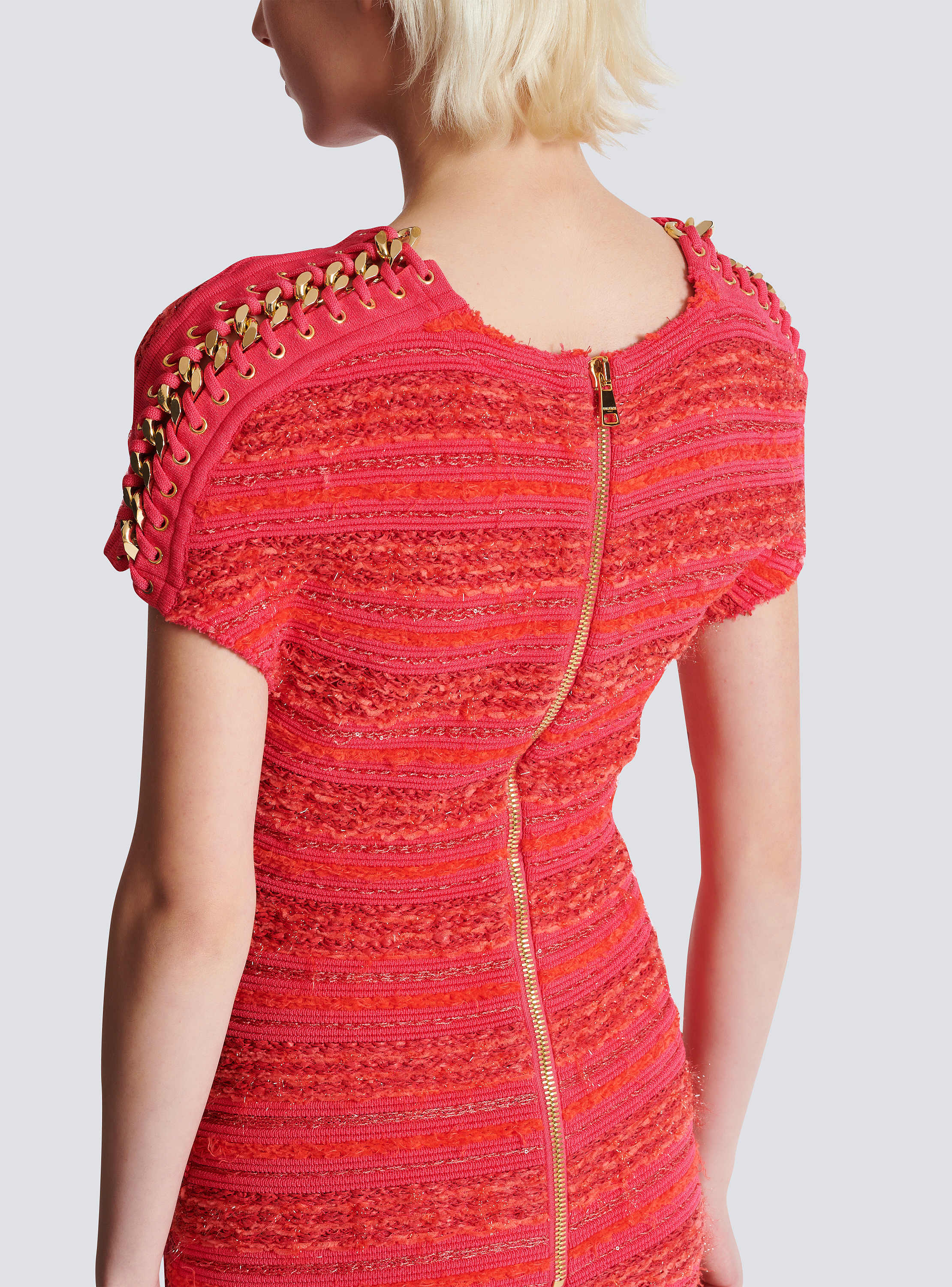 Short-sleeve chains details tweed mini dress