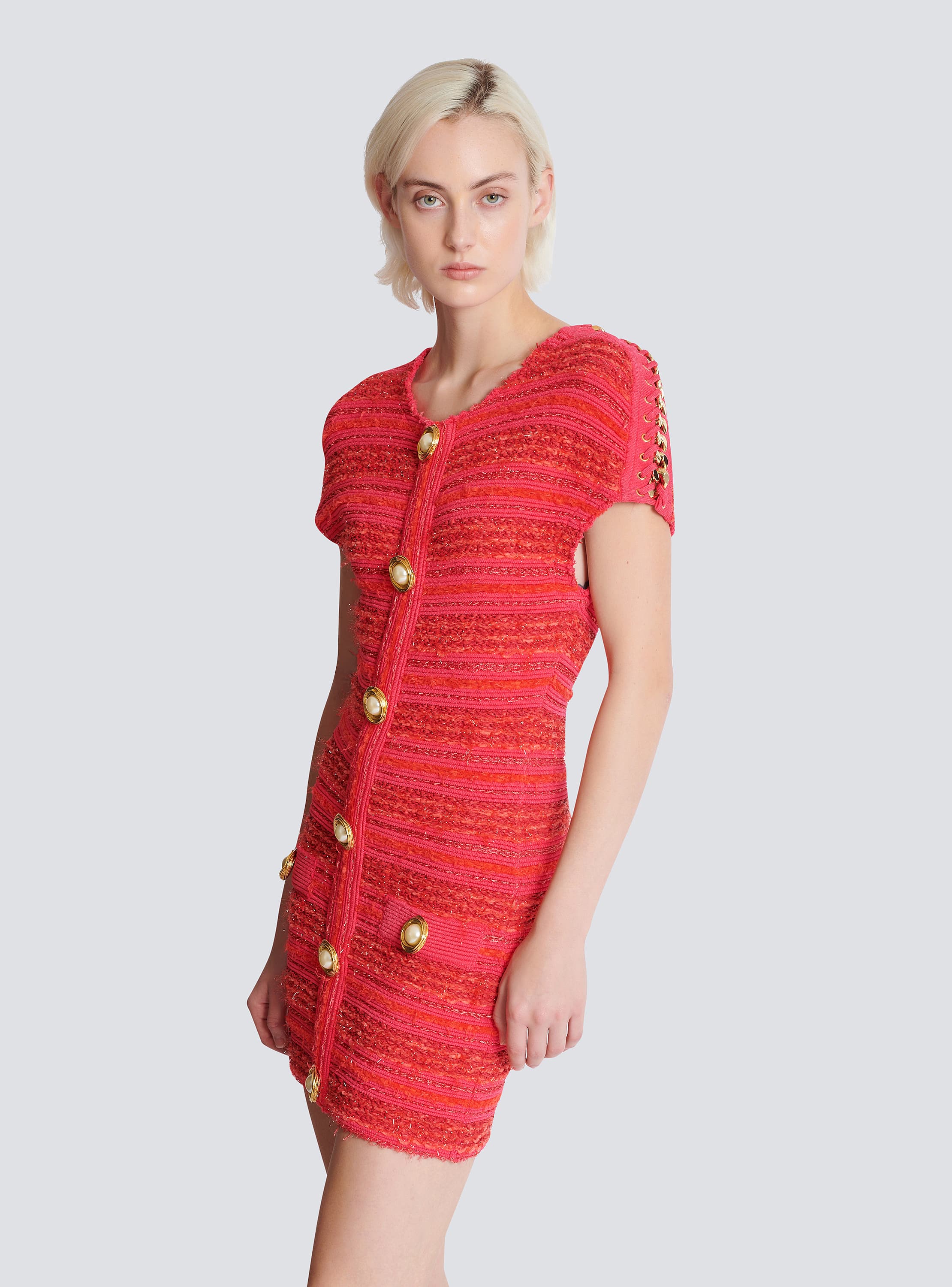 Short-sleeve chains details tweed mini dress