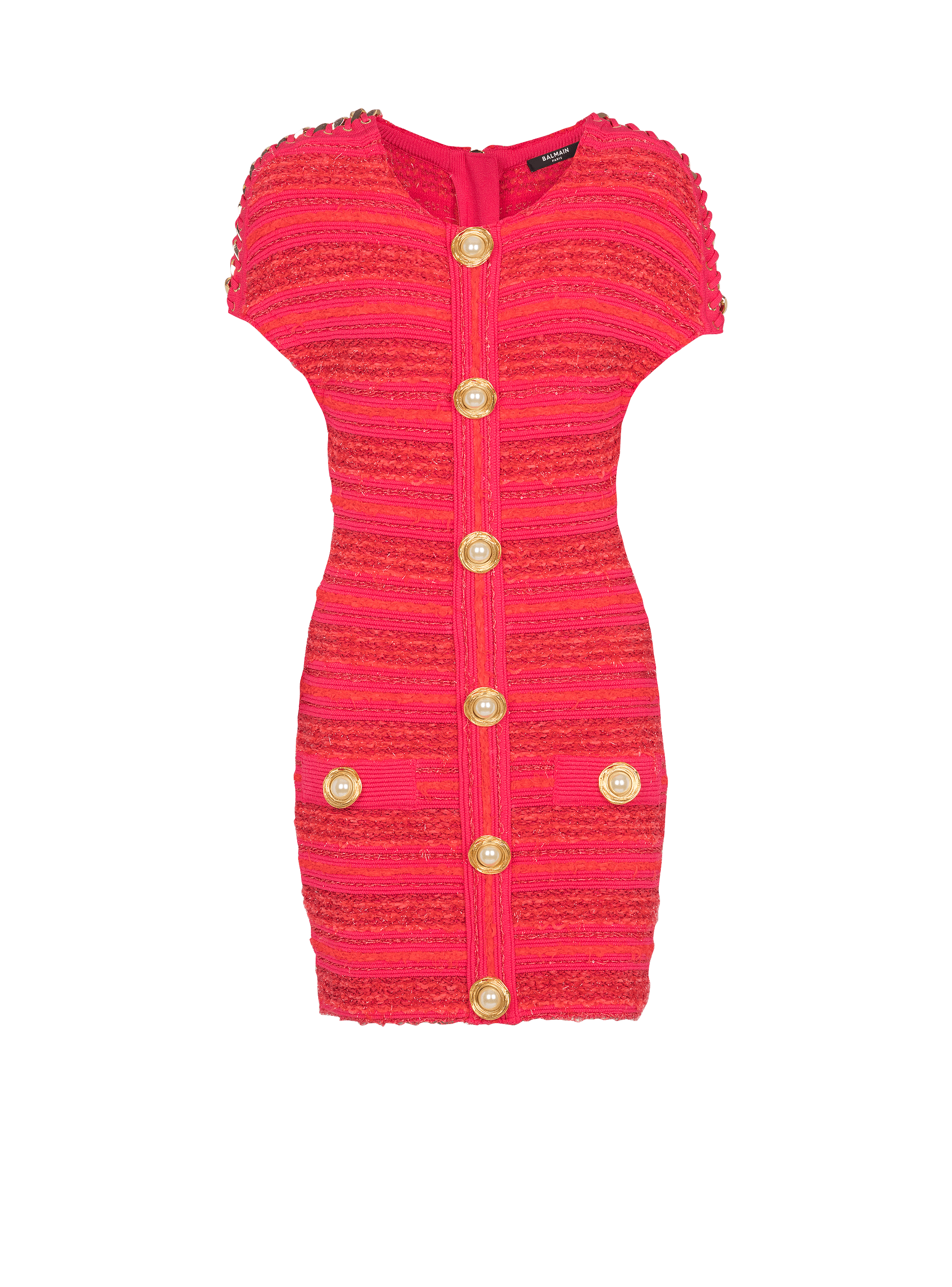 Short-sleeve chains details tweed mini dress