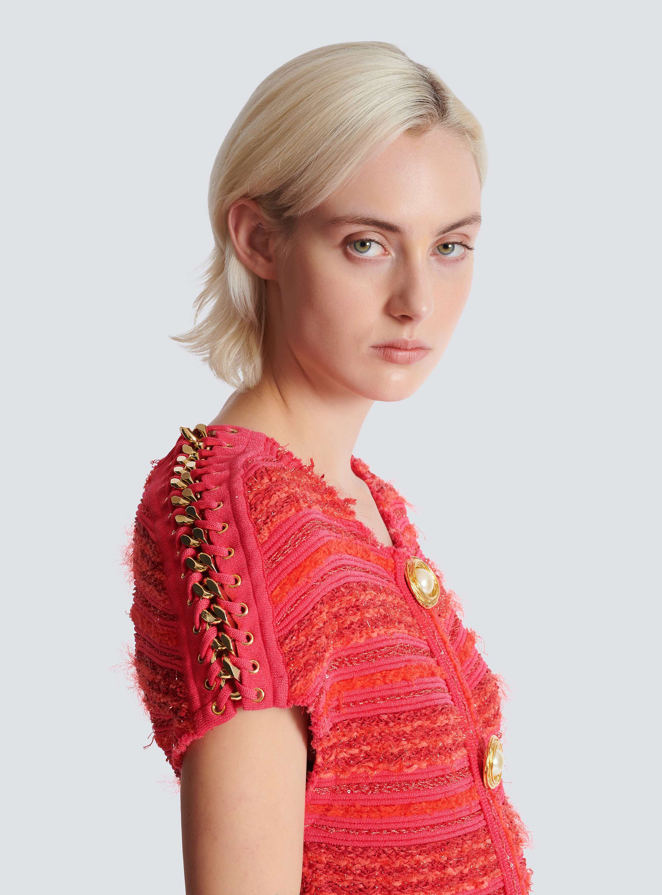 Short-sleeve chains details tweed mini dress