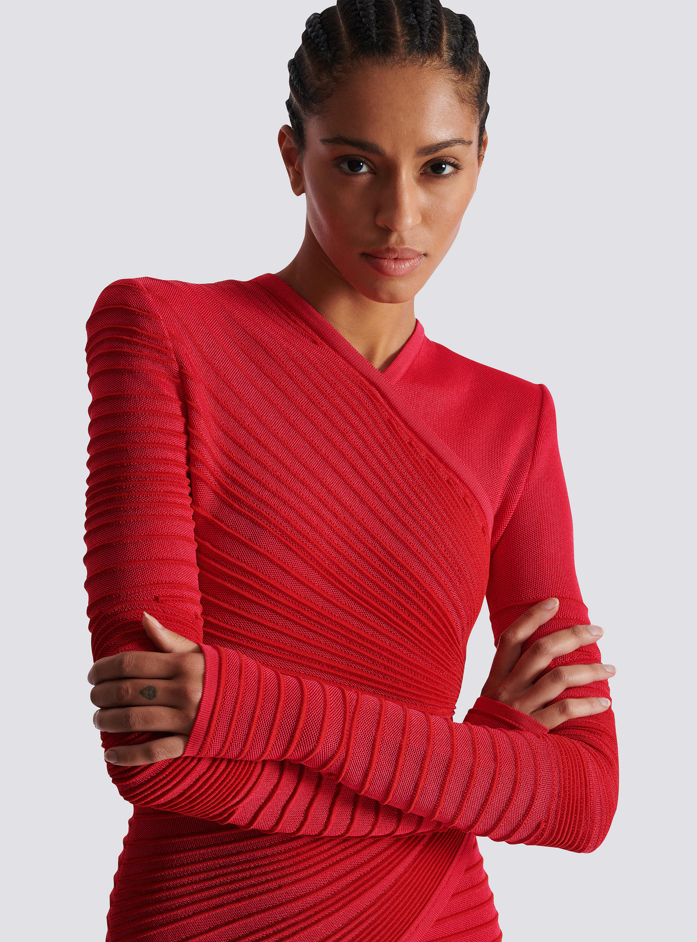 Long-sleeve flechage knit bodycon mini dress