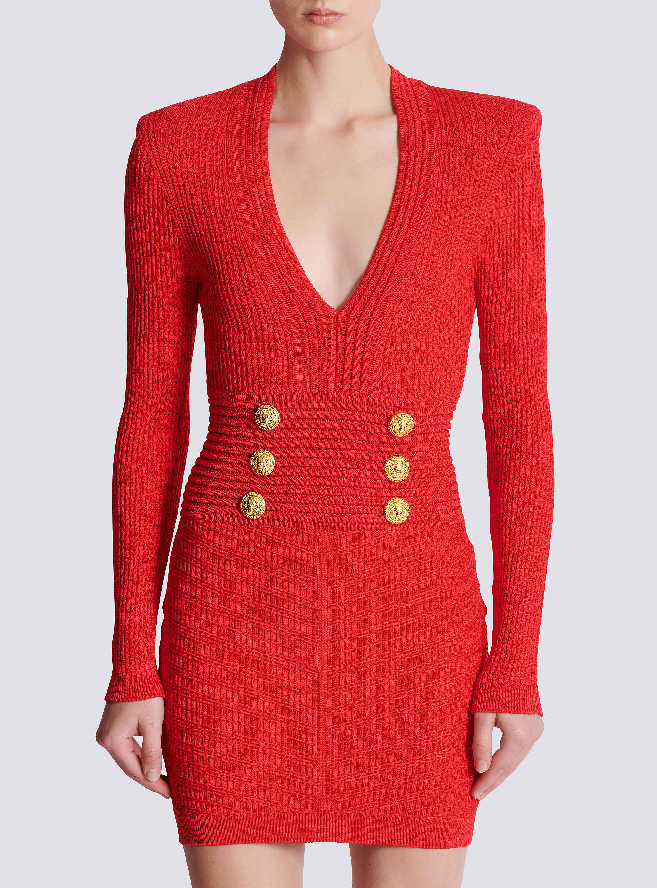 Long-sleeve buttoned v-neck knit mini dress