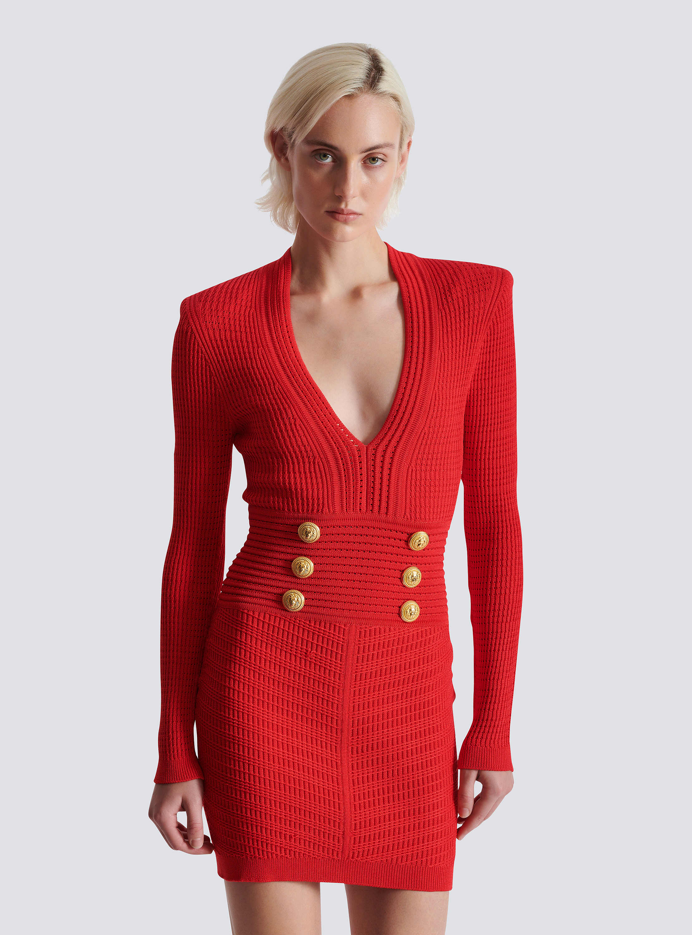 Long-sleeve buttoned v-neck knit mini dress