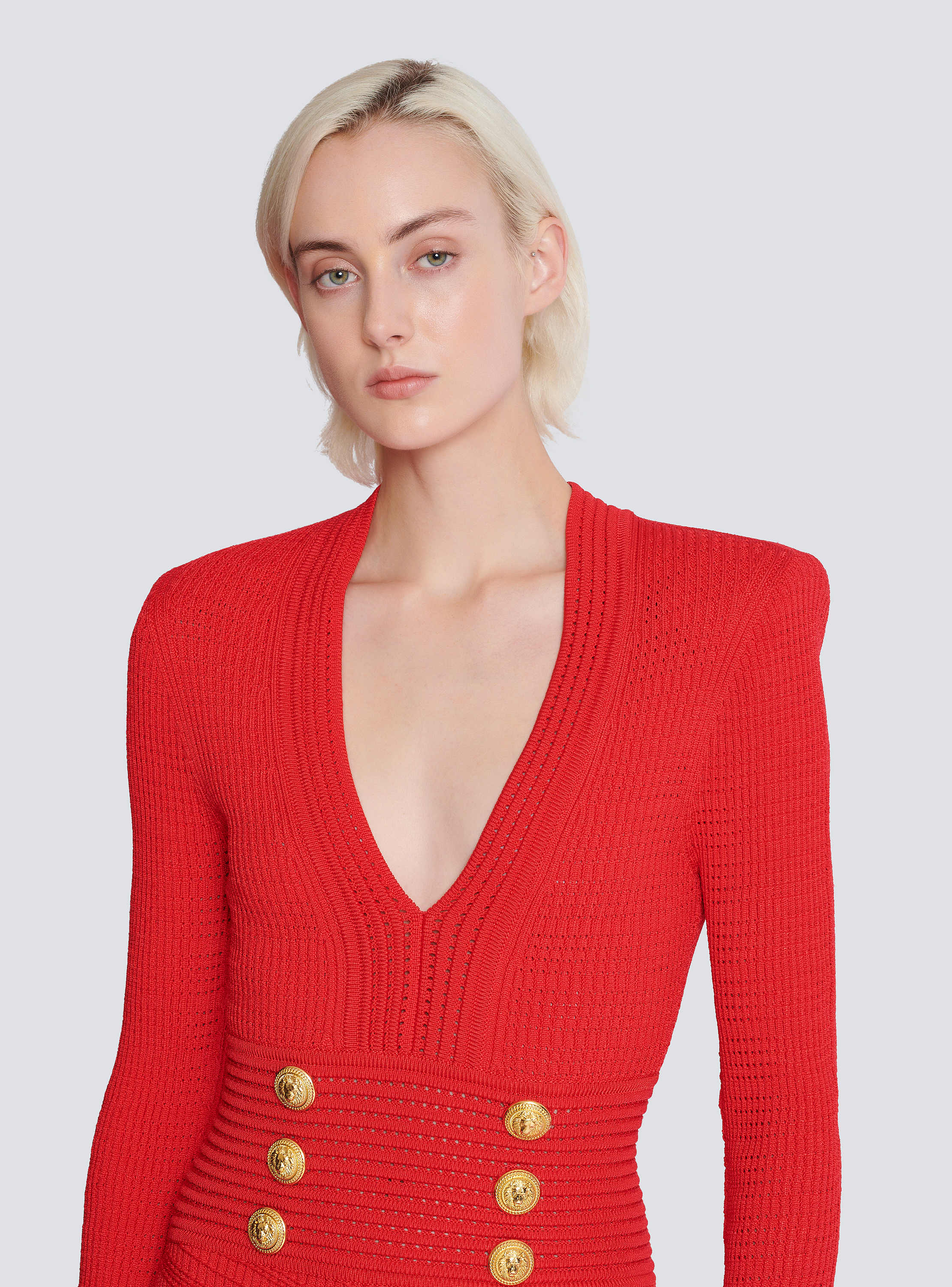 Long-sleeve buttoned v-neck knit mini dress