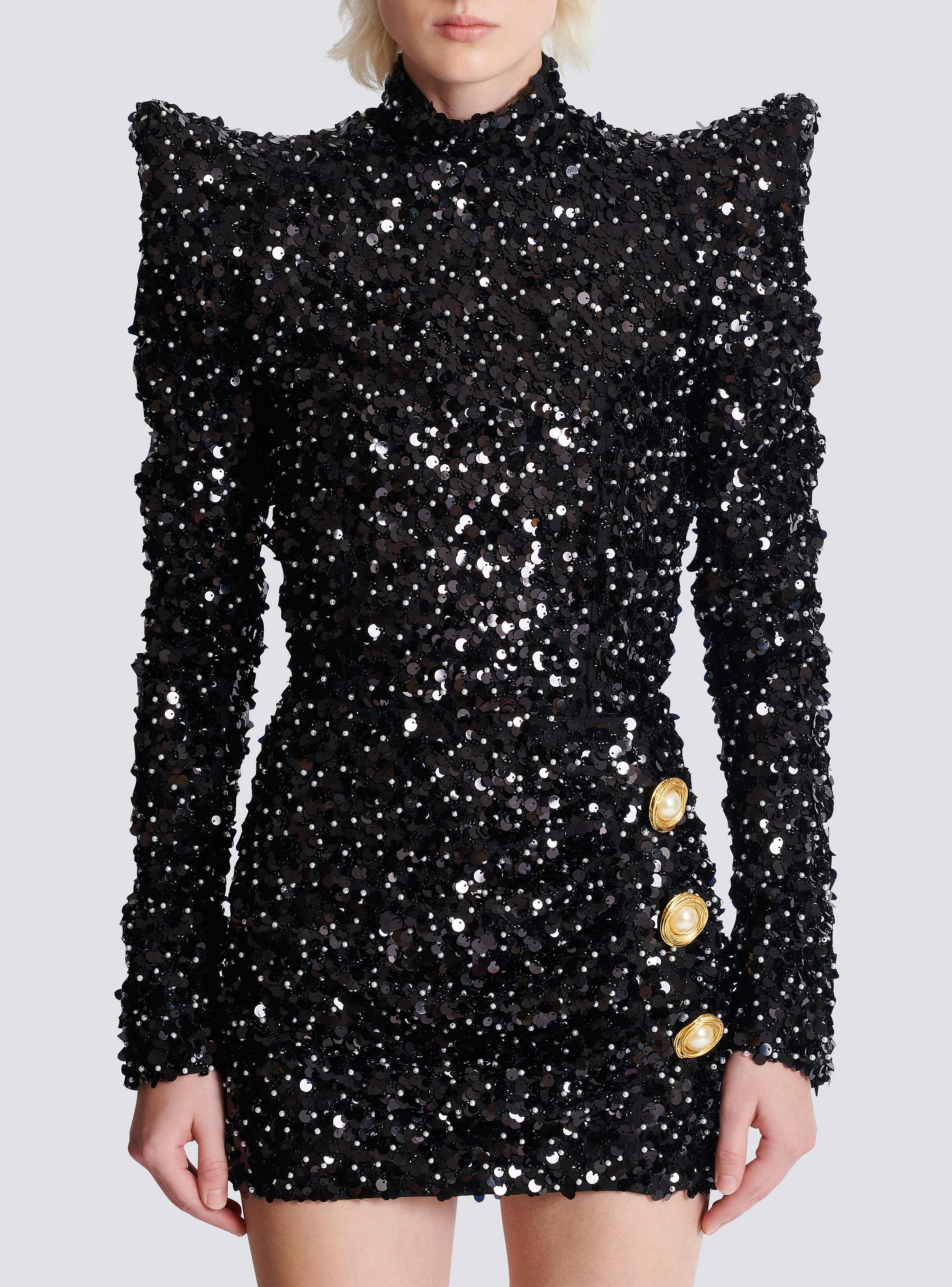 Long-sleeve buttoned pagoda sequins mini dress