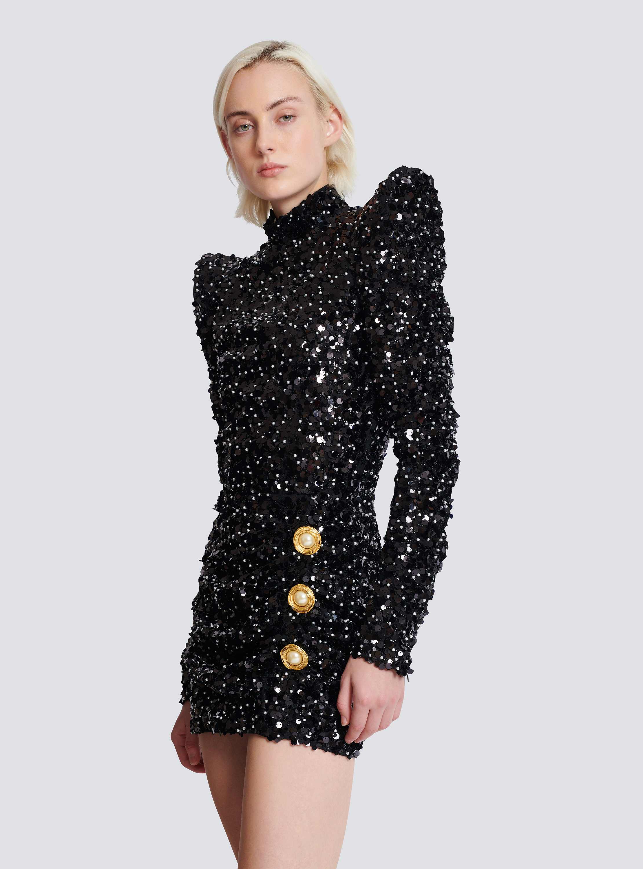 Long-sleeve buttoned pagoda sequins mini dress