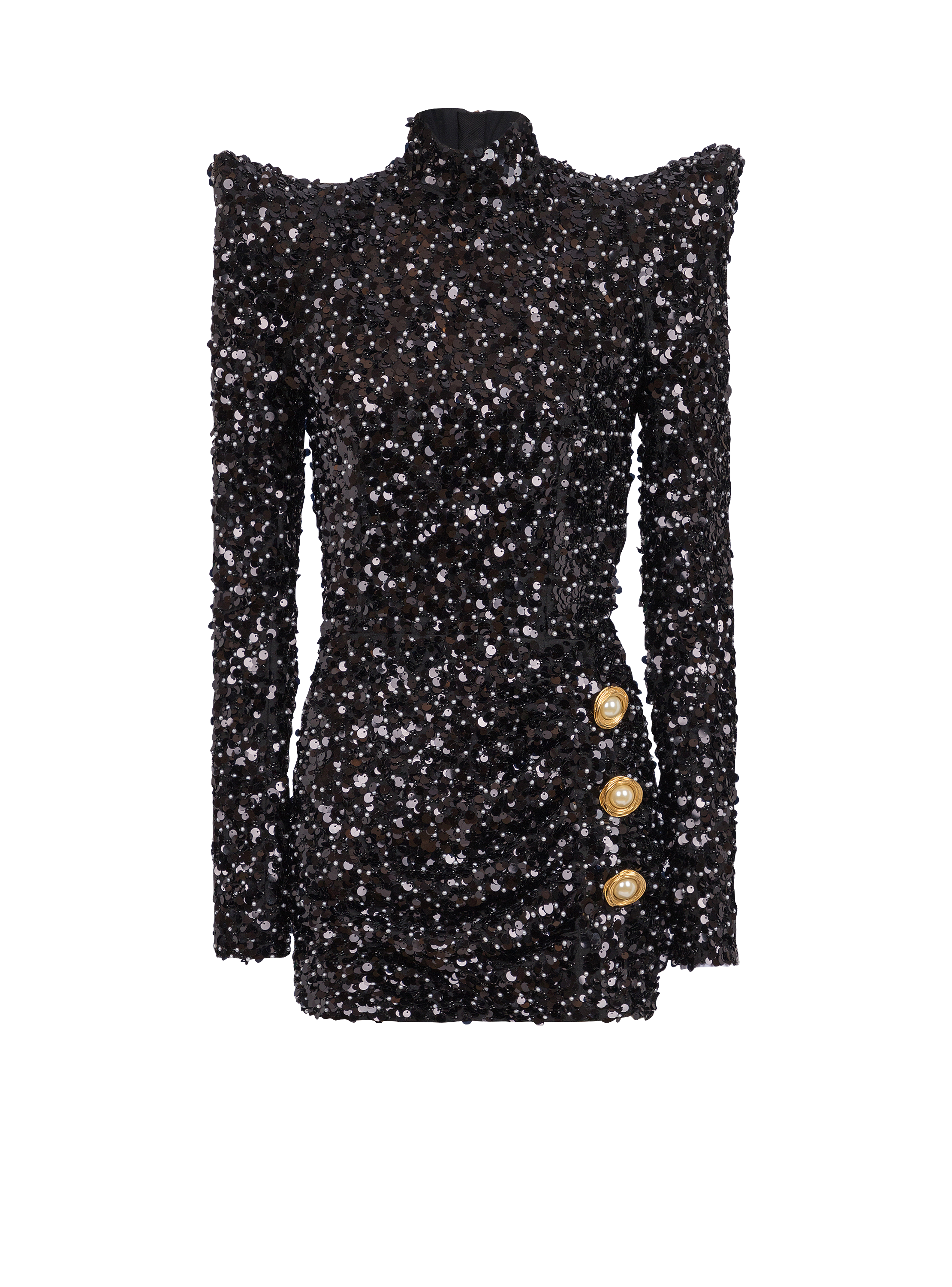 Long-sleeve buttoned pagoda sequins mini dress