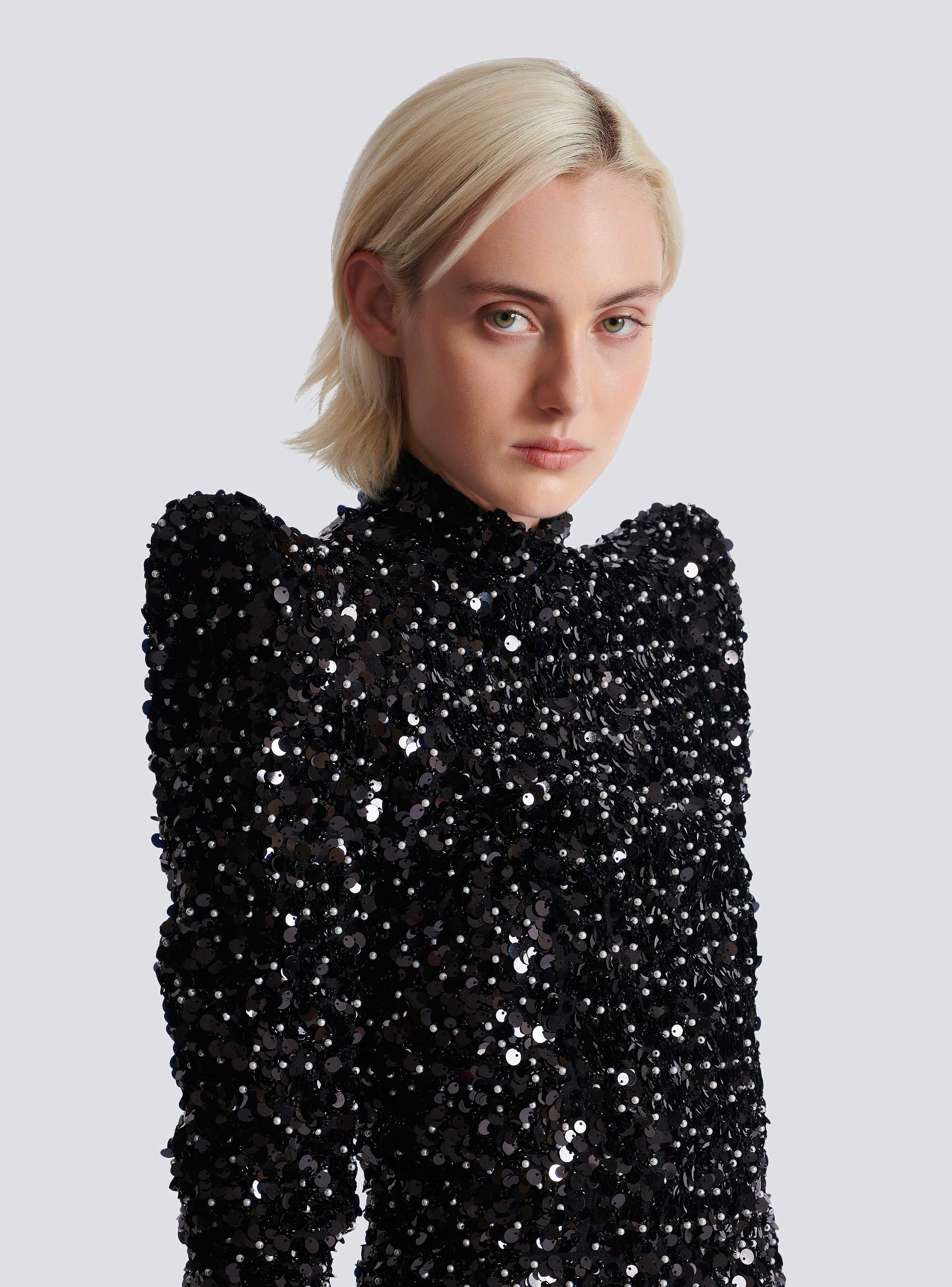 Long-sleeve buttoned pagoda sequins mini dress