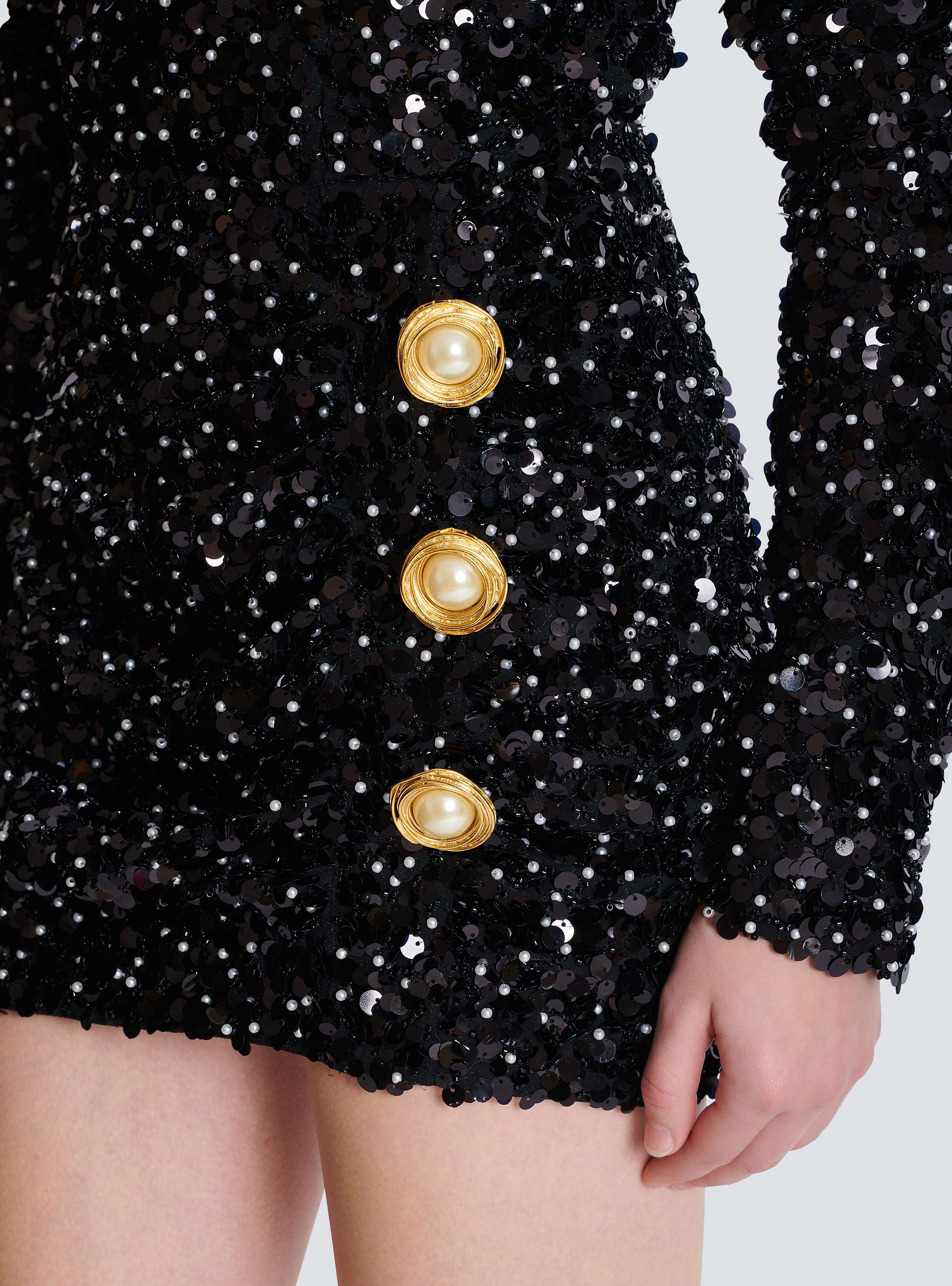 Long-sleeve buttoned pagoda sequins mini dress