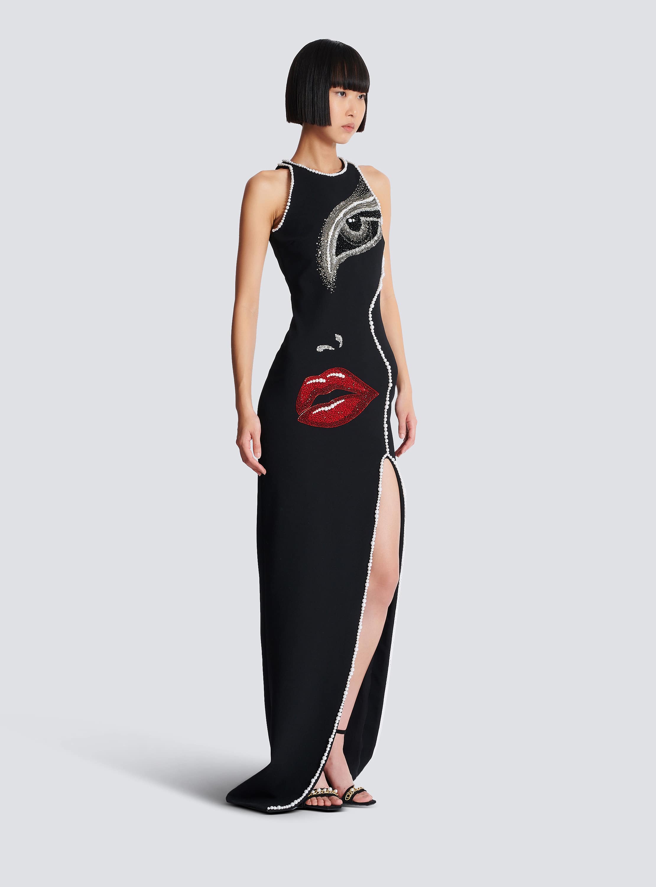 【関税＆送料込み】Balmain Black Dress With Square Neckline Long embroidered dress with Face motif black black - Women
