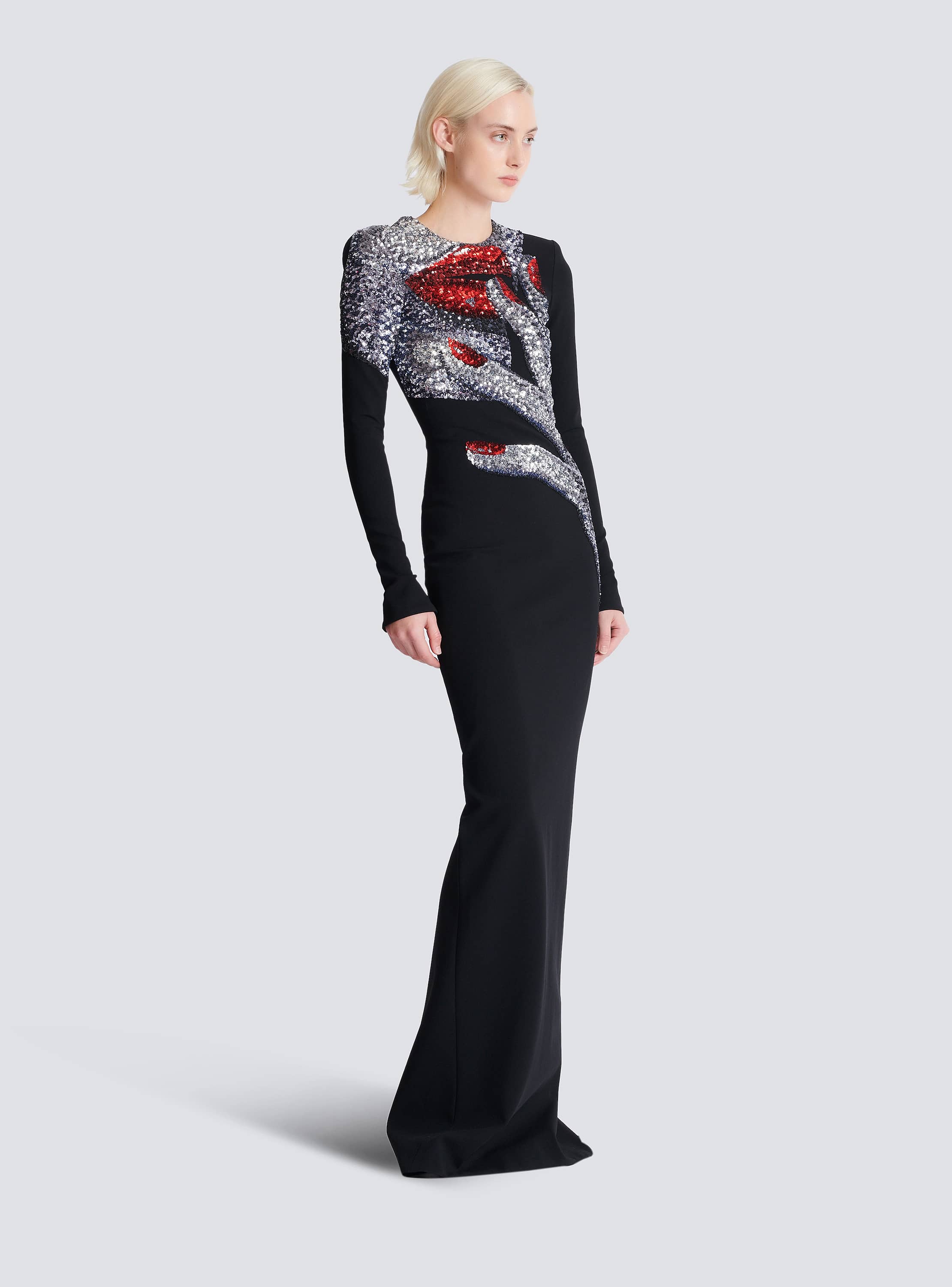 Long embroidered dress with Face motif