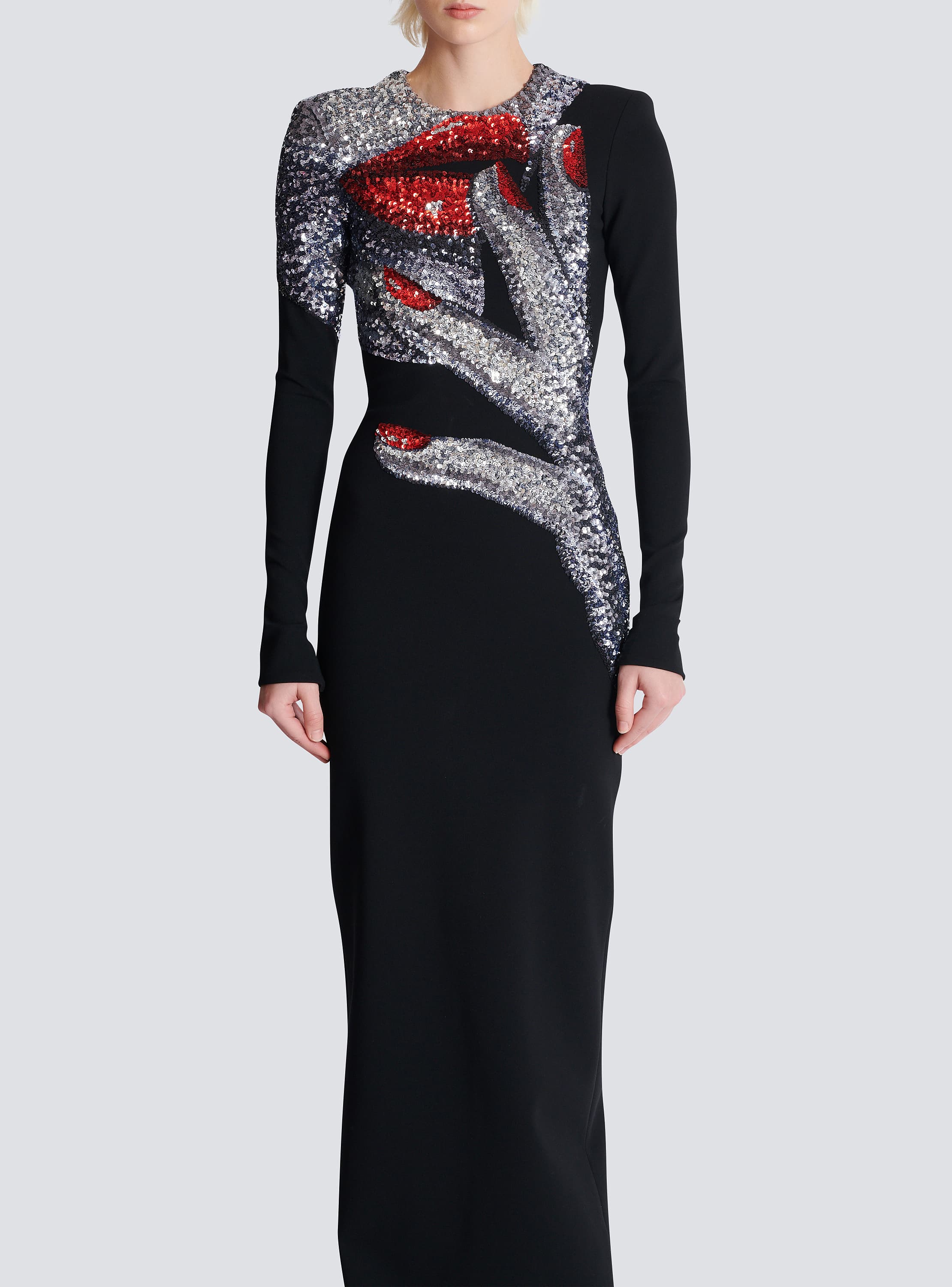 Long embroidered dress with Face motif