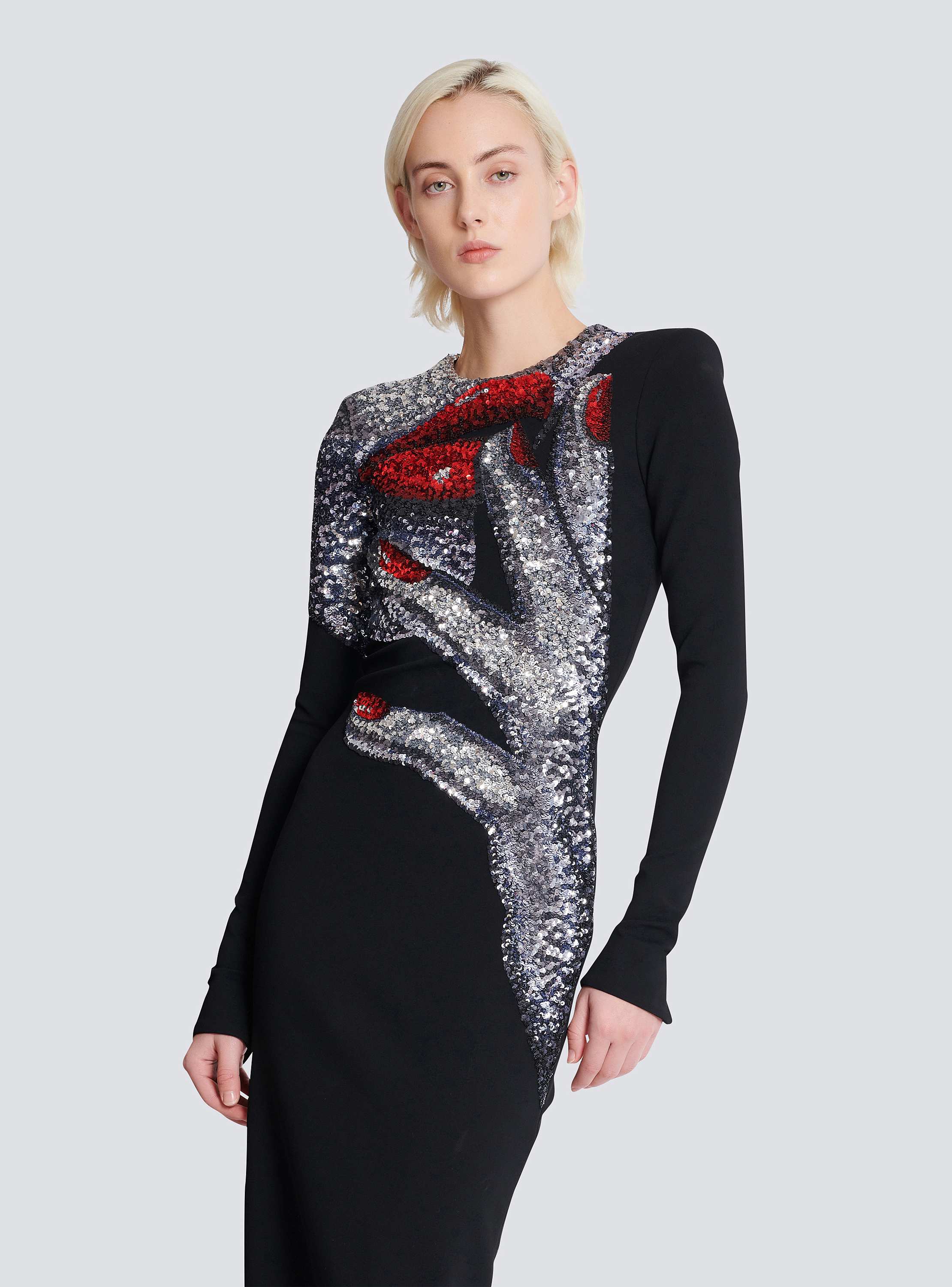 Long embroidered dress with Face motif