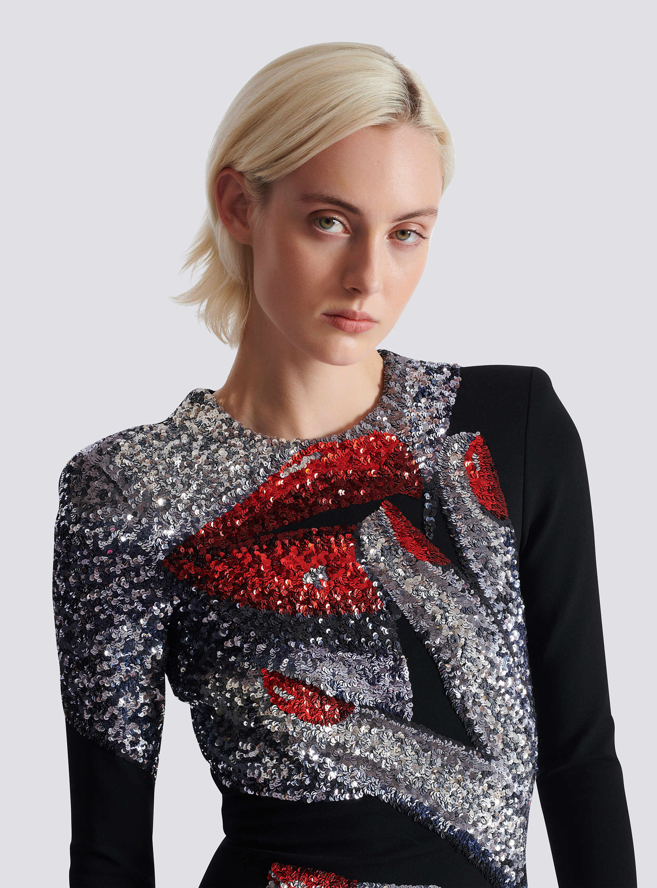 Long embroidered dress with Face motif