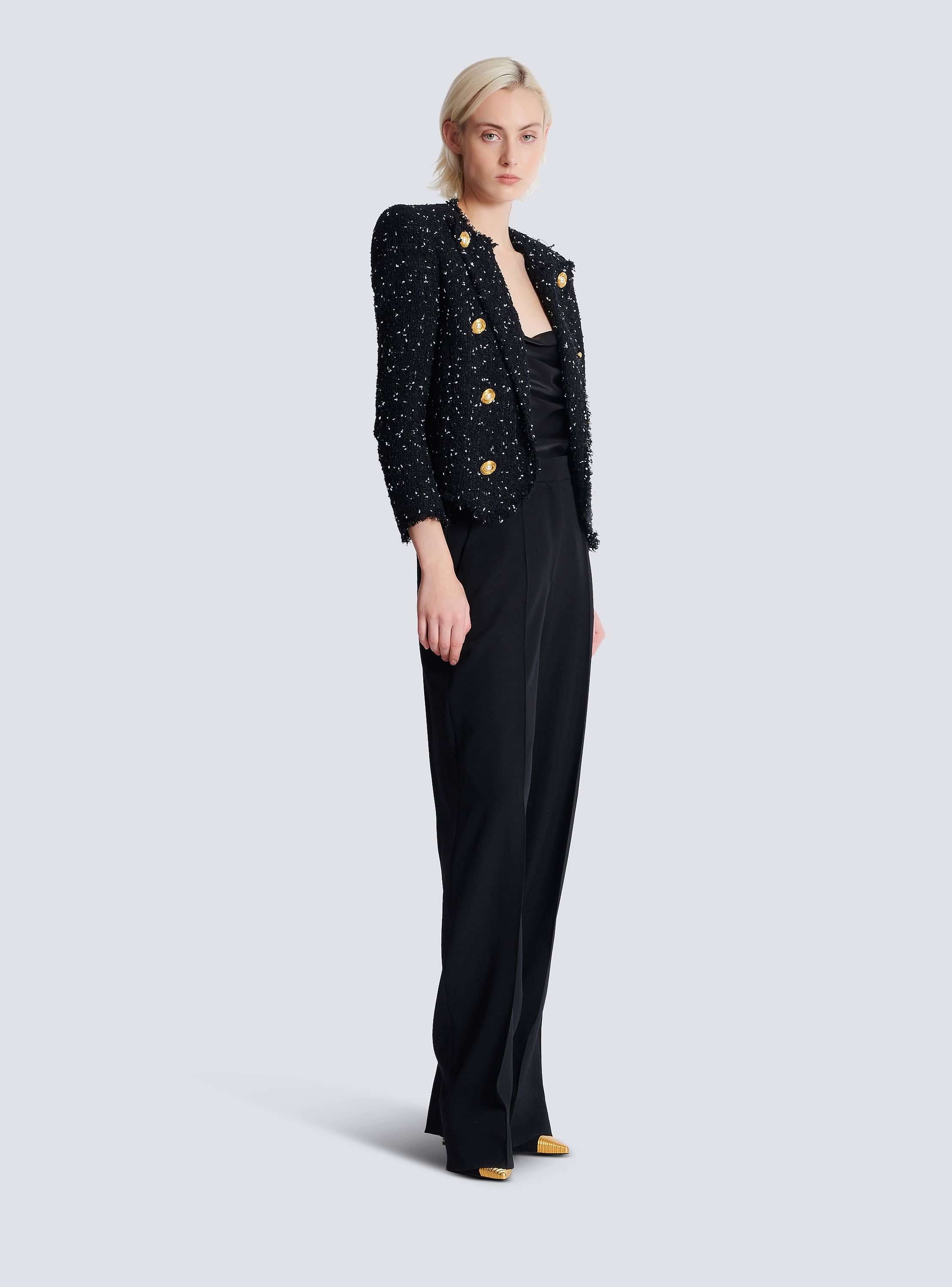 Cropped 8-button jacket in polka-dot tweed - Women | BALMAIN