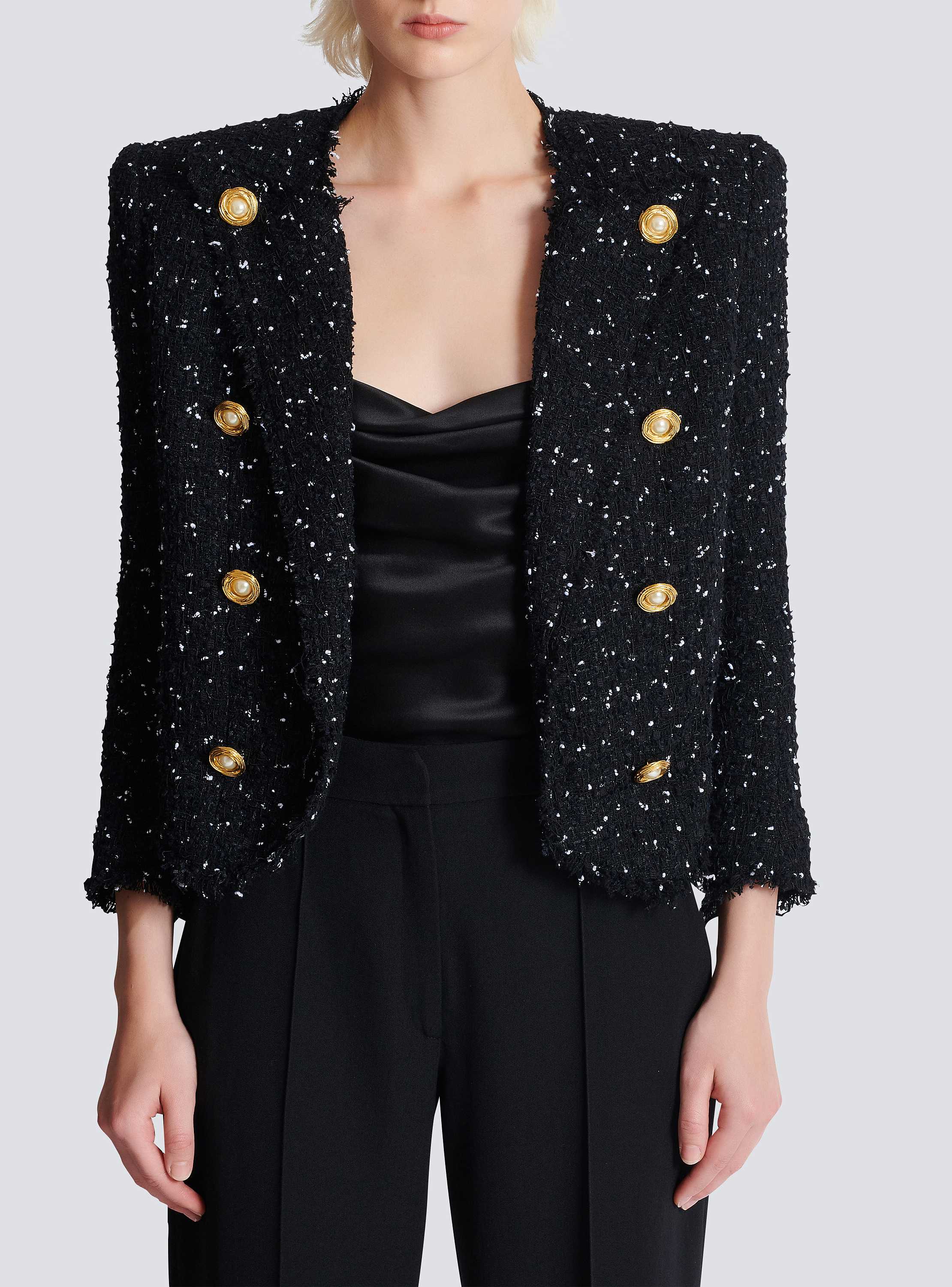 CHICLINE [チックライン] IBIHI TWEED JACKET Onyx Metallic Tweed Zip-Front Jacket and A-Line Skirt