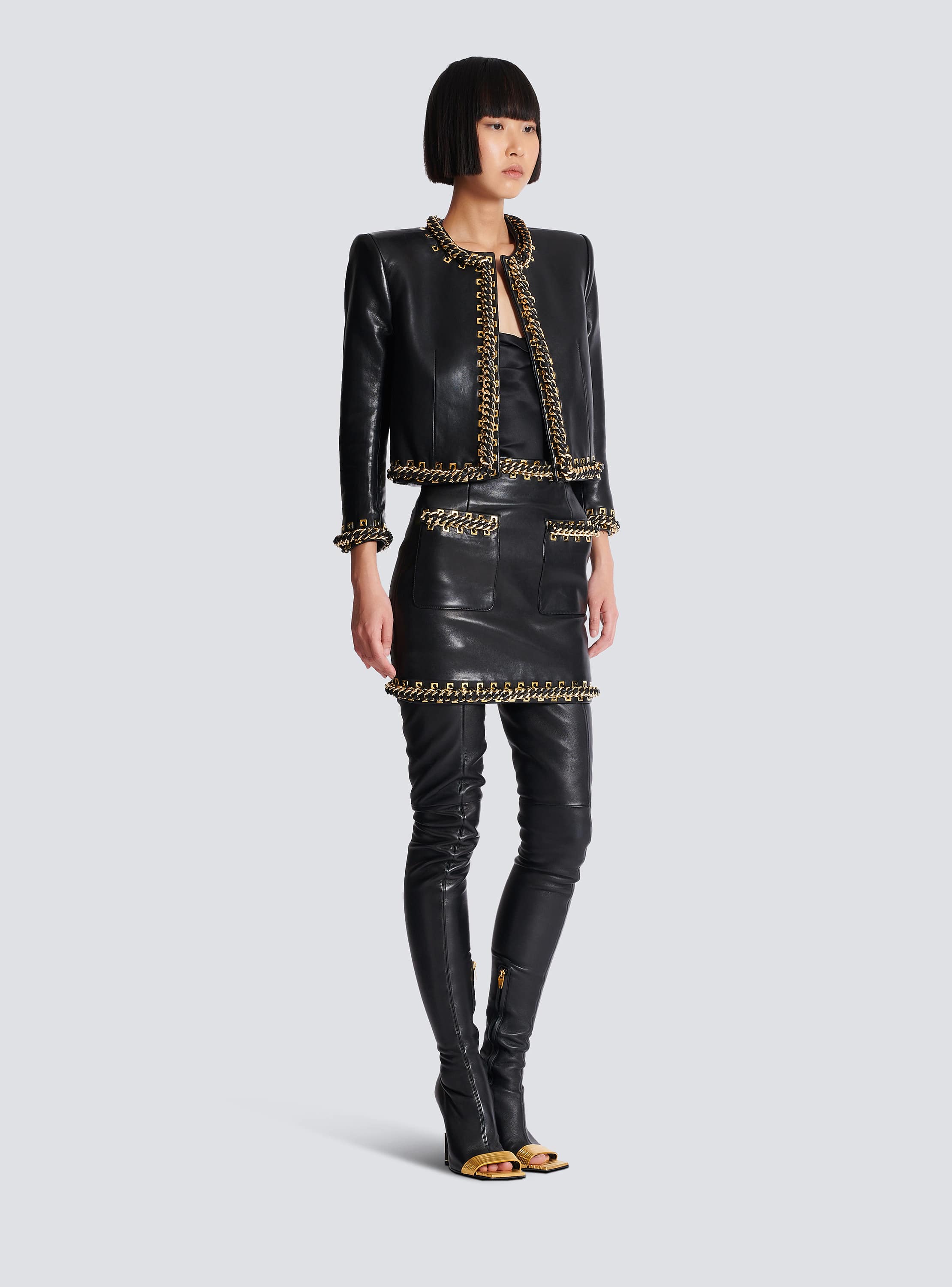 Lambskin edge-to-edge jacket with chain trim black black
