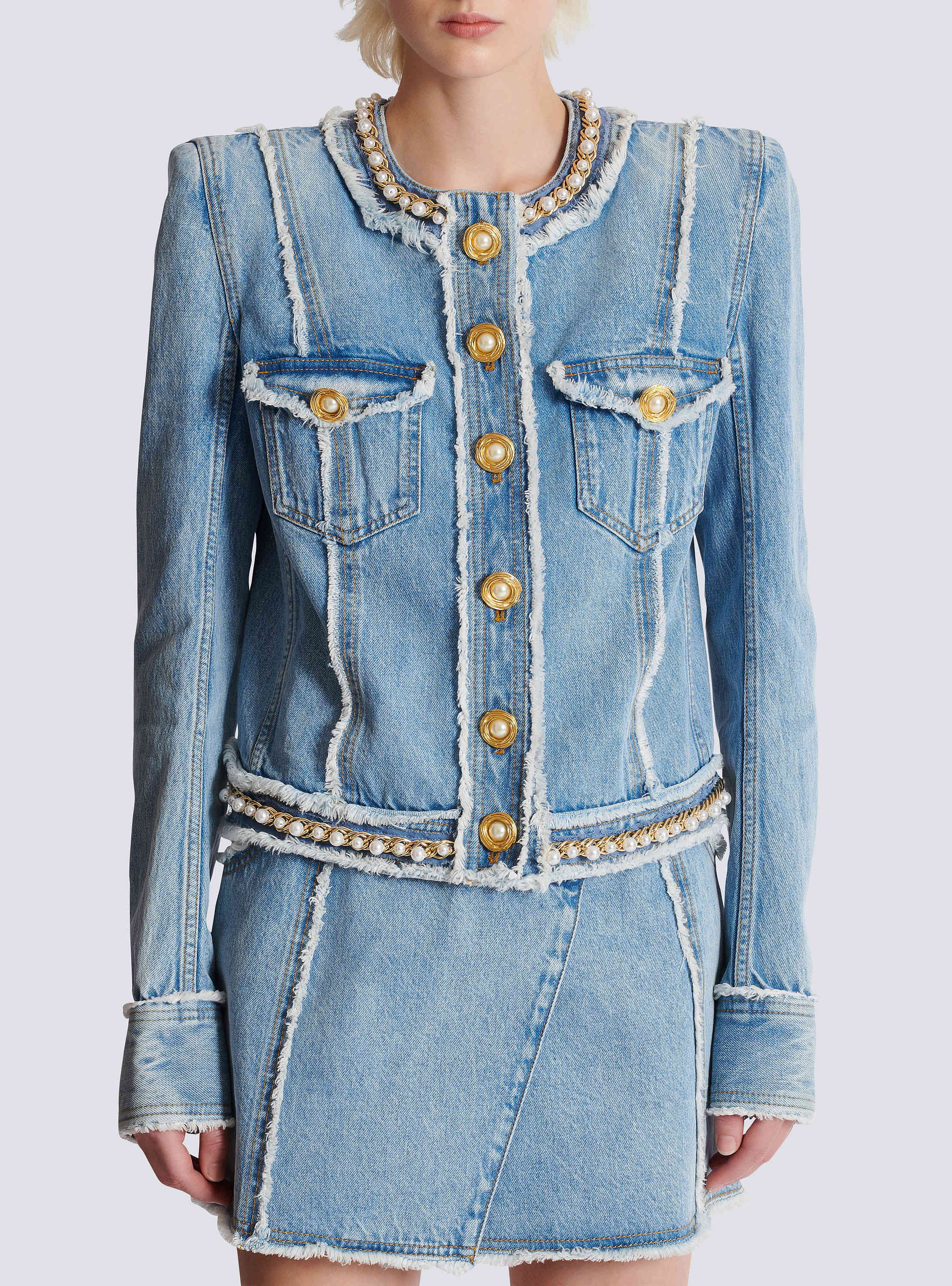 Denim jacket with pearl trim blue - Women | BALMAIN
