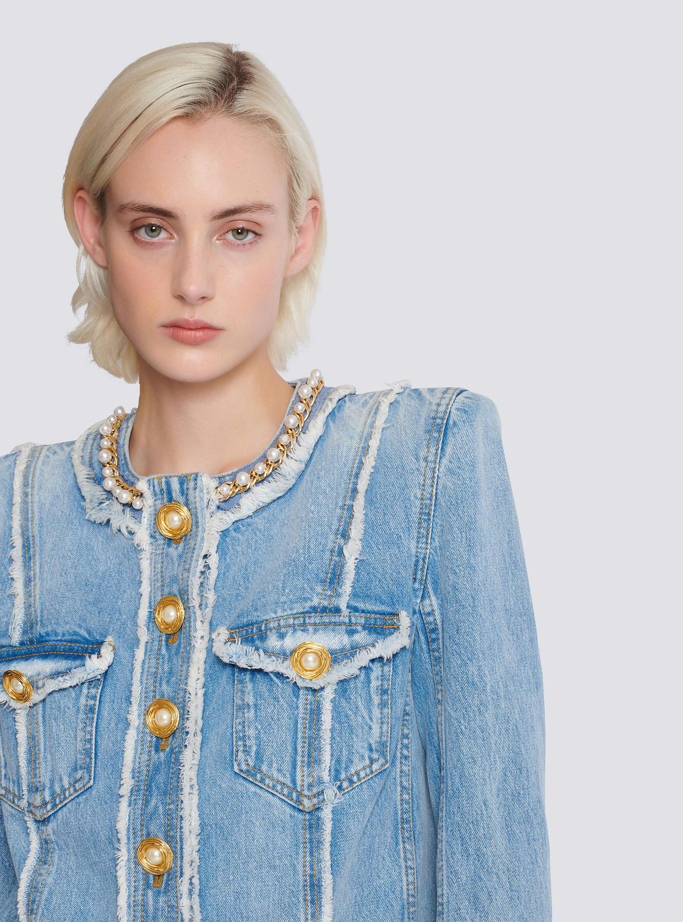 Denim jacket with pearl trim blue - Women | BALMAIN