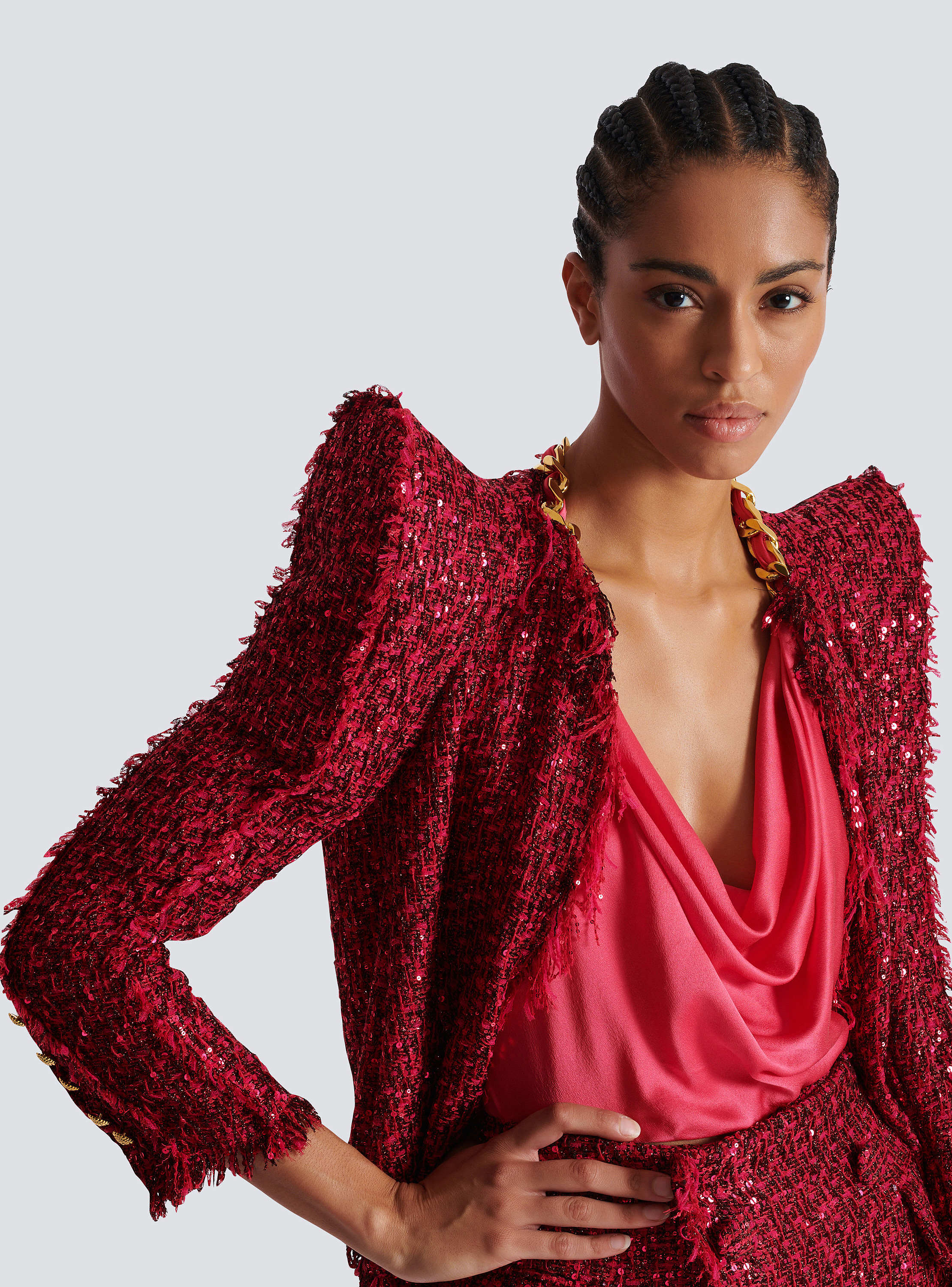 Edge-to-edge sequin tweed jacket pink - Women | BALMAIN