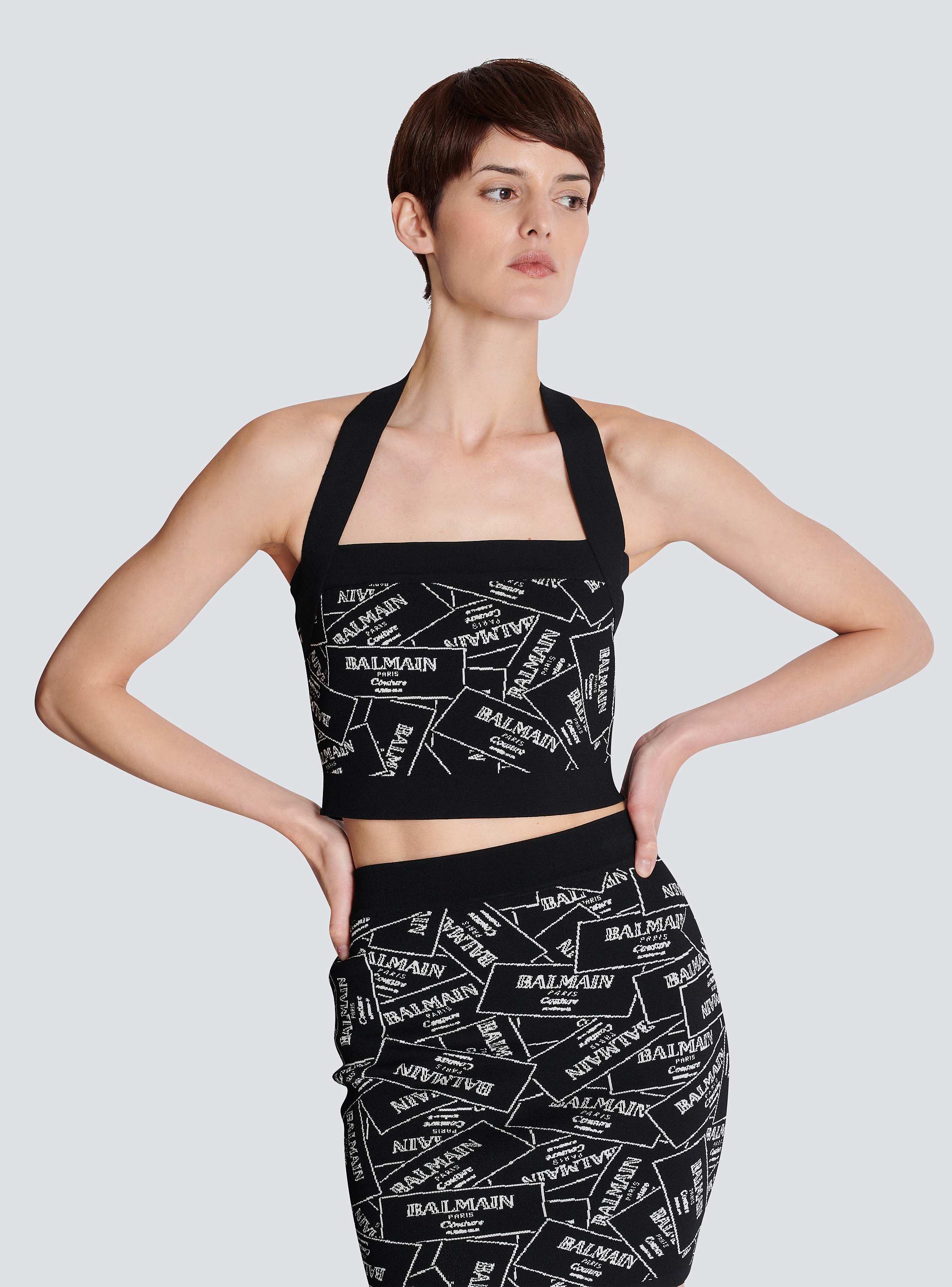 Knit halterneck top with Balmain label motif