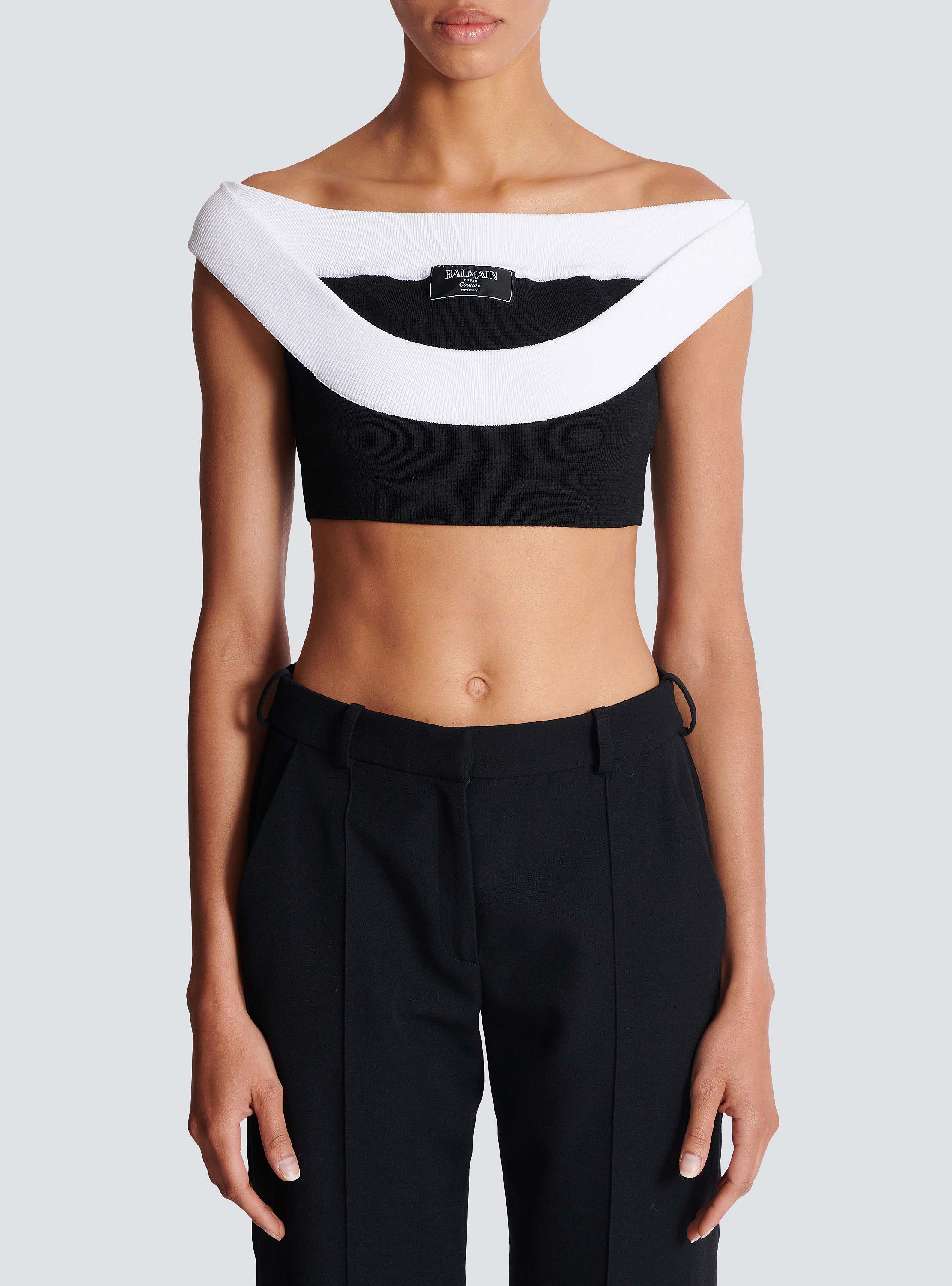 Two-tone knit cropped top with double neckline white - Women