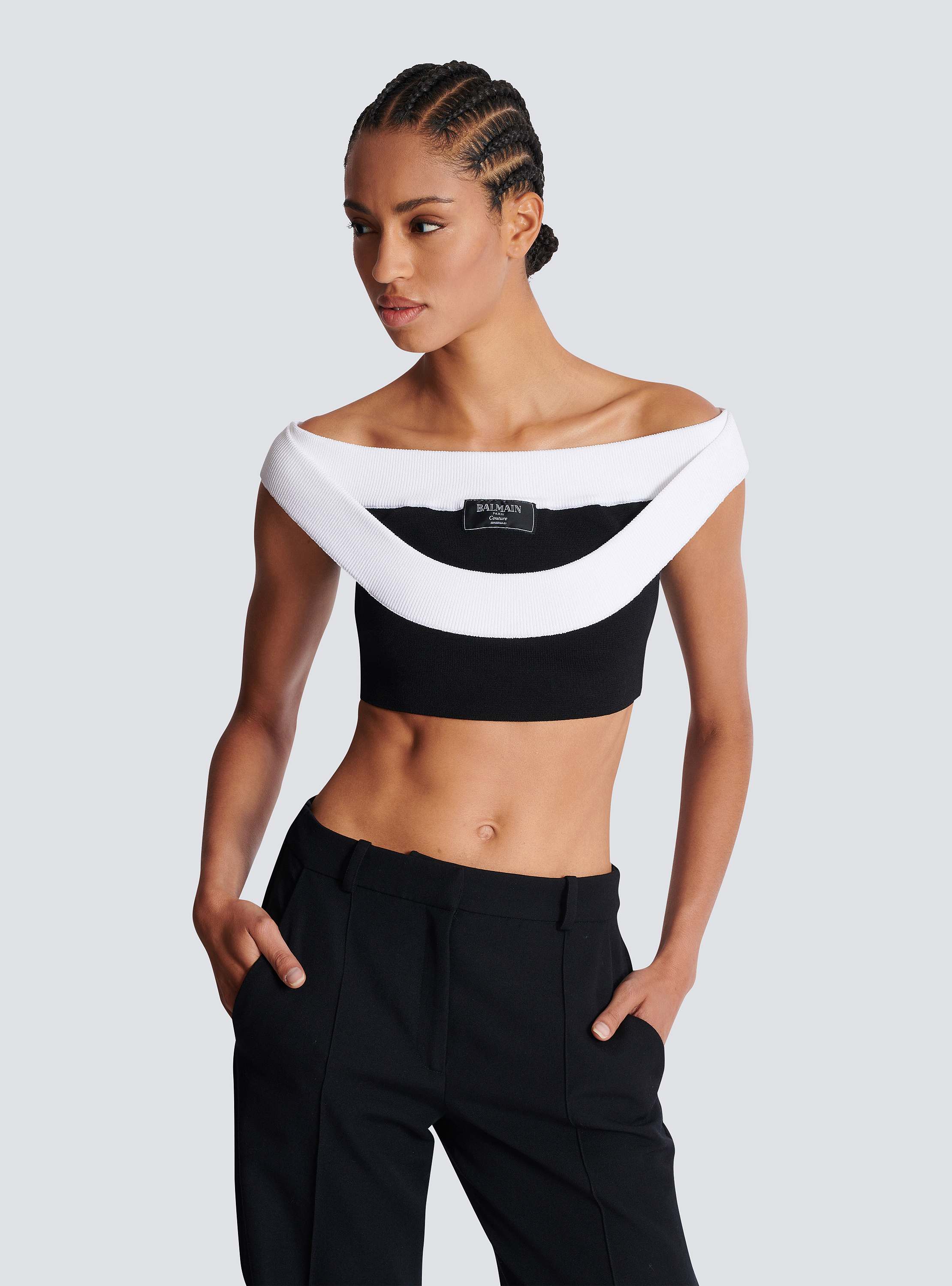 Two-tone knit cropped top with double neckline white - Women