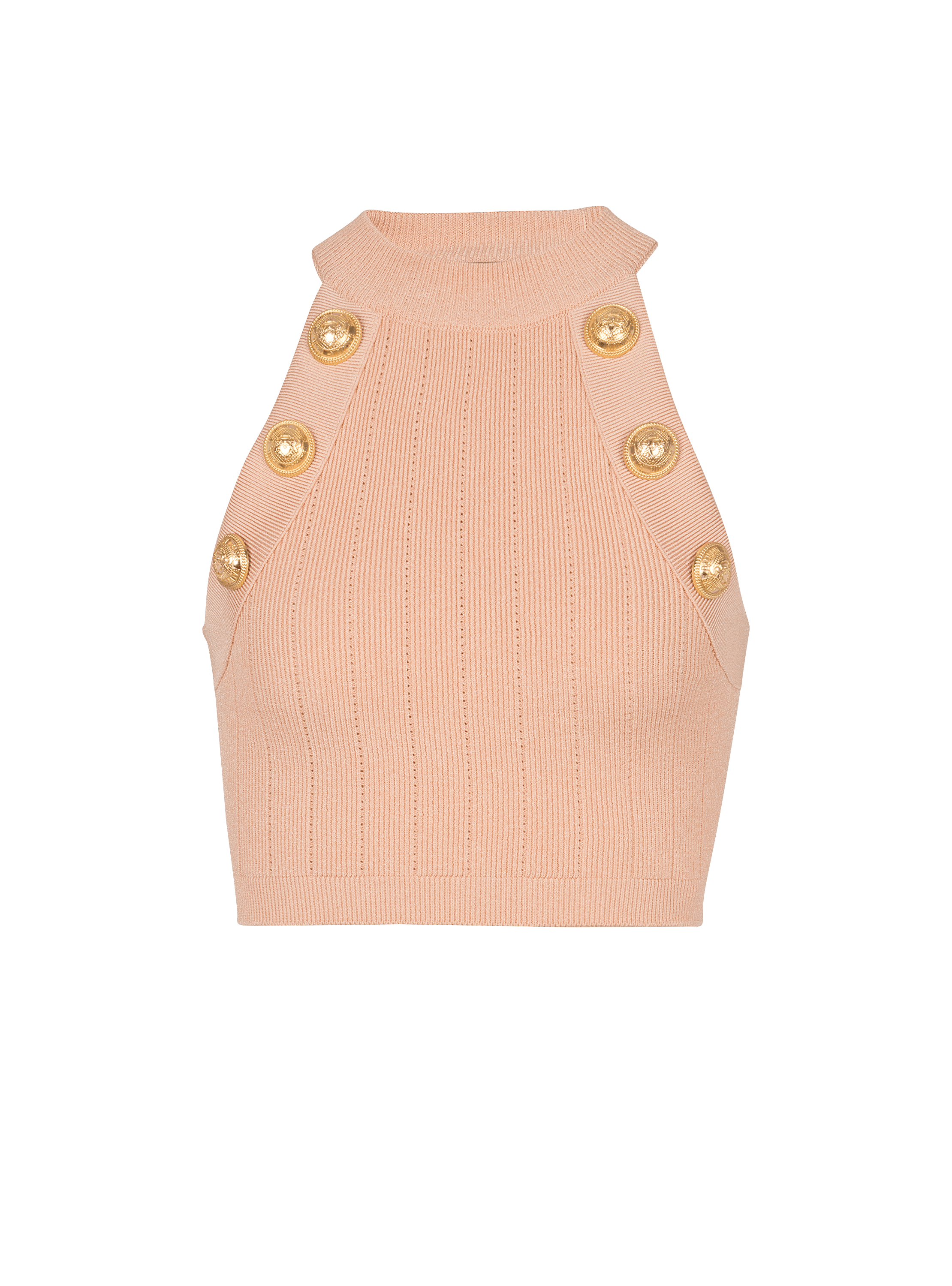 Six-buttons halterneck knit cropped top