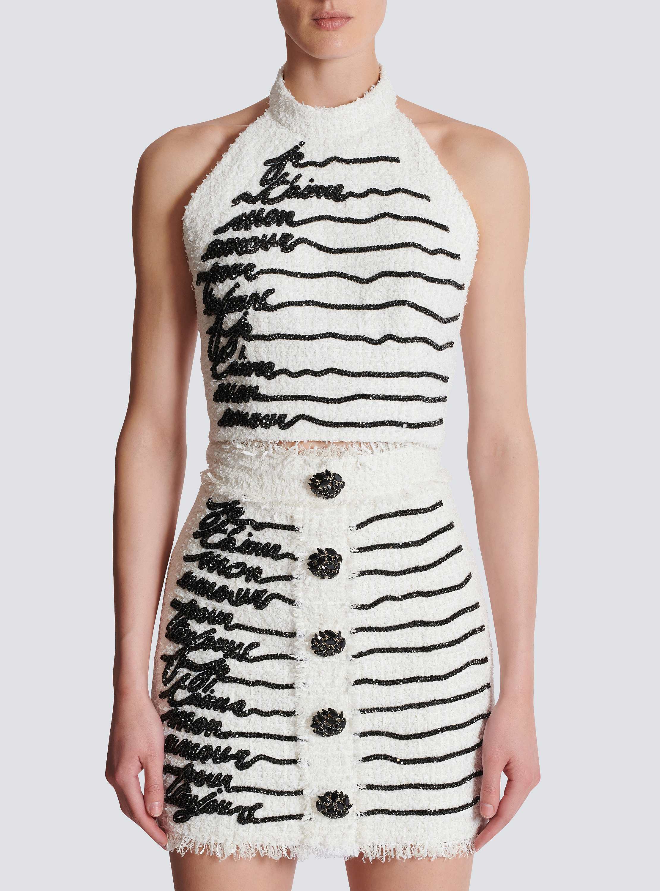 Halterneck love letter embroidered tweed top