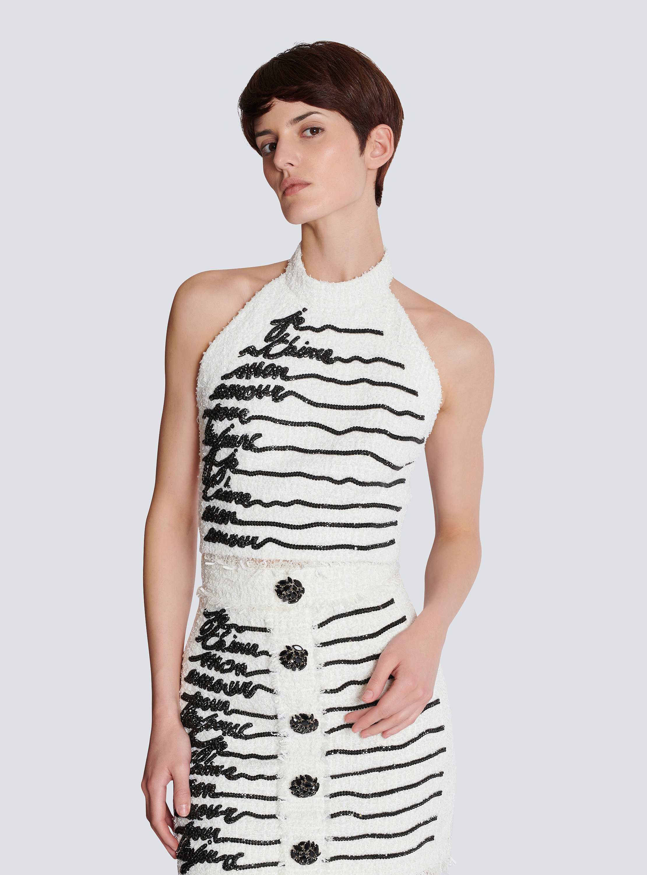 Halterneck love letter embroidered tweed top
