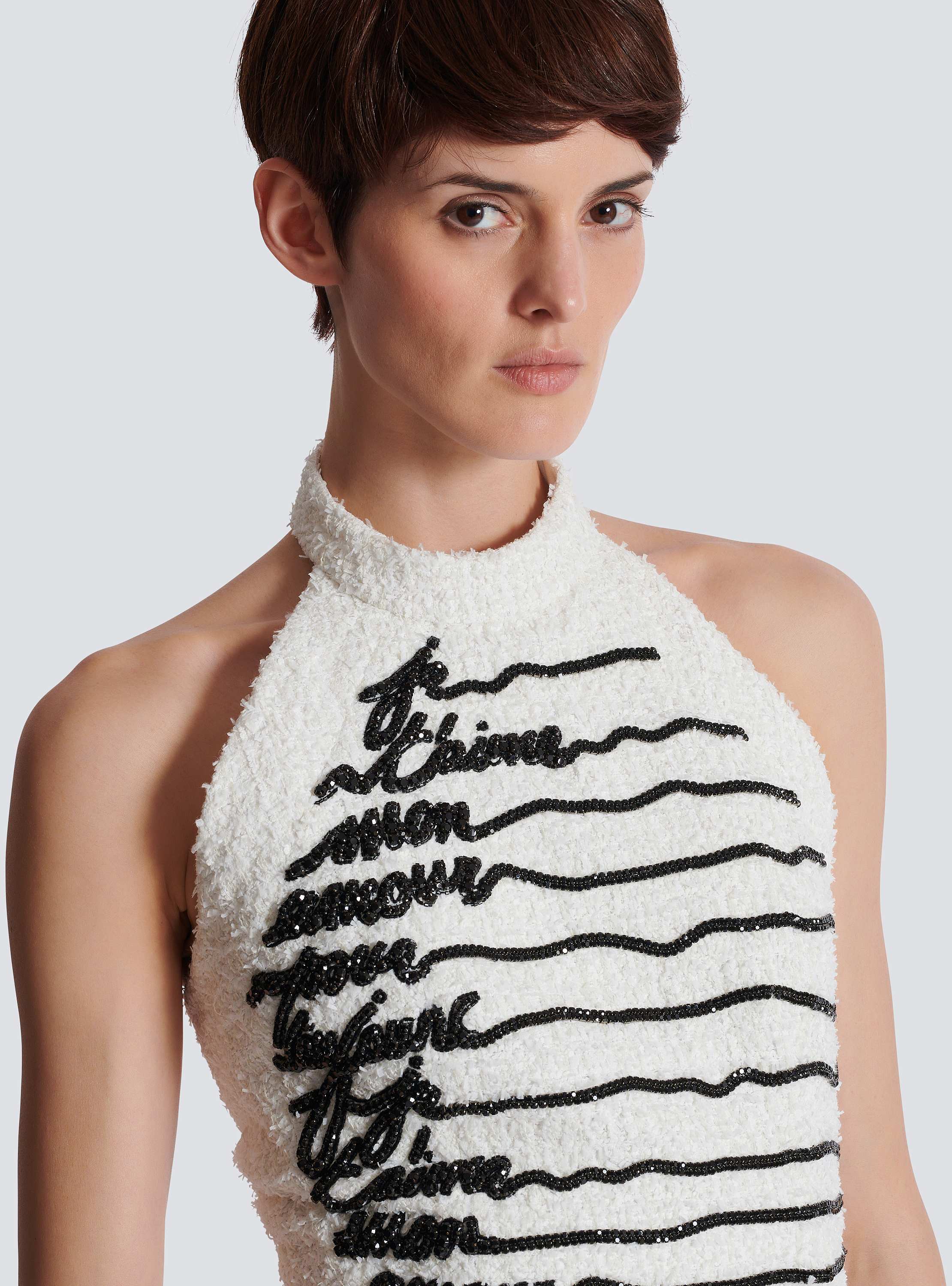 Halterneck love letter embroidered tweed top