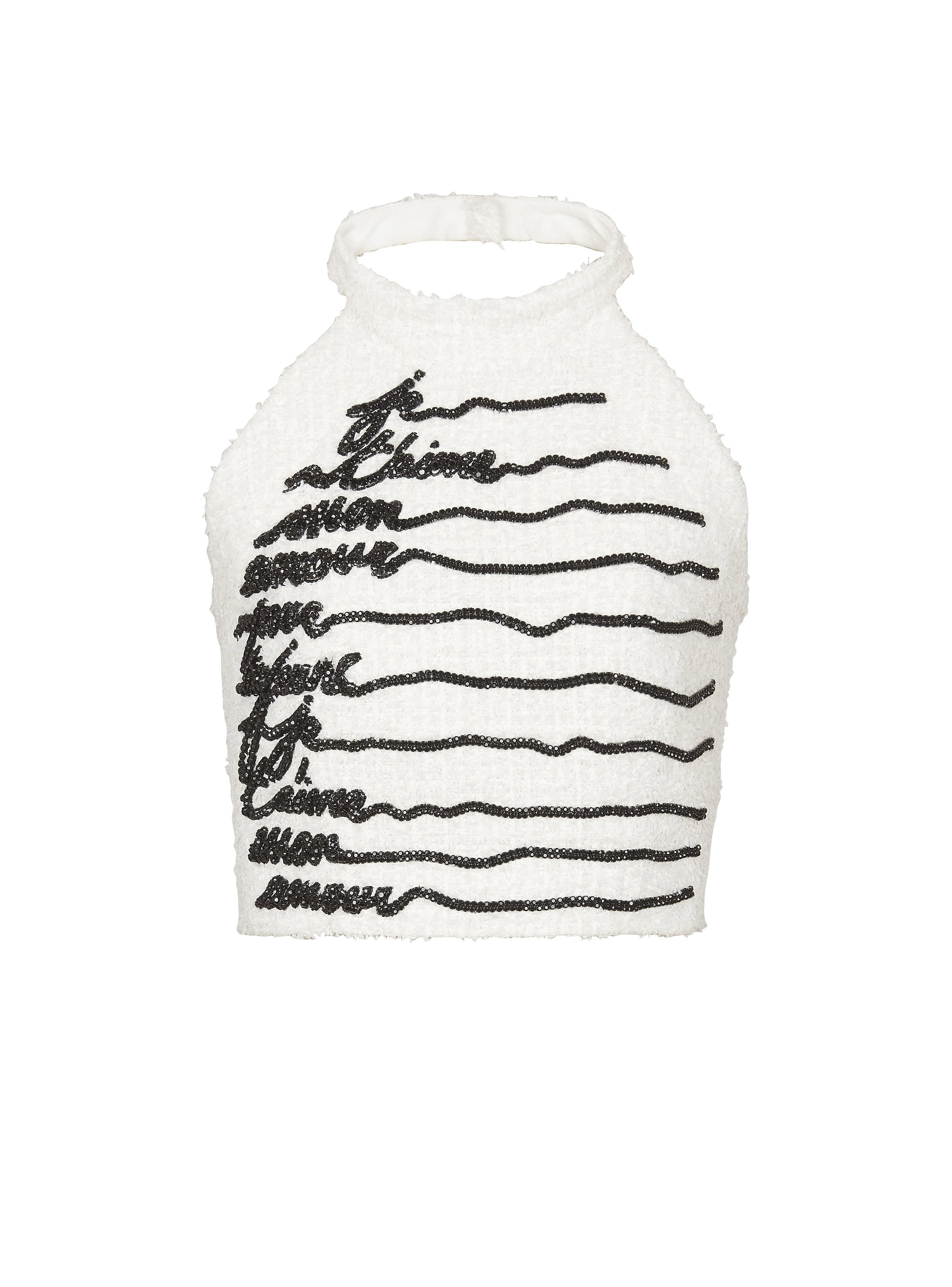 Halterneck love letter embroidered tweed top
