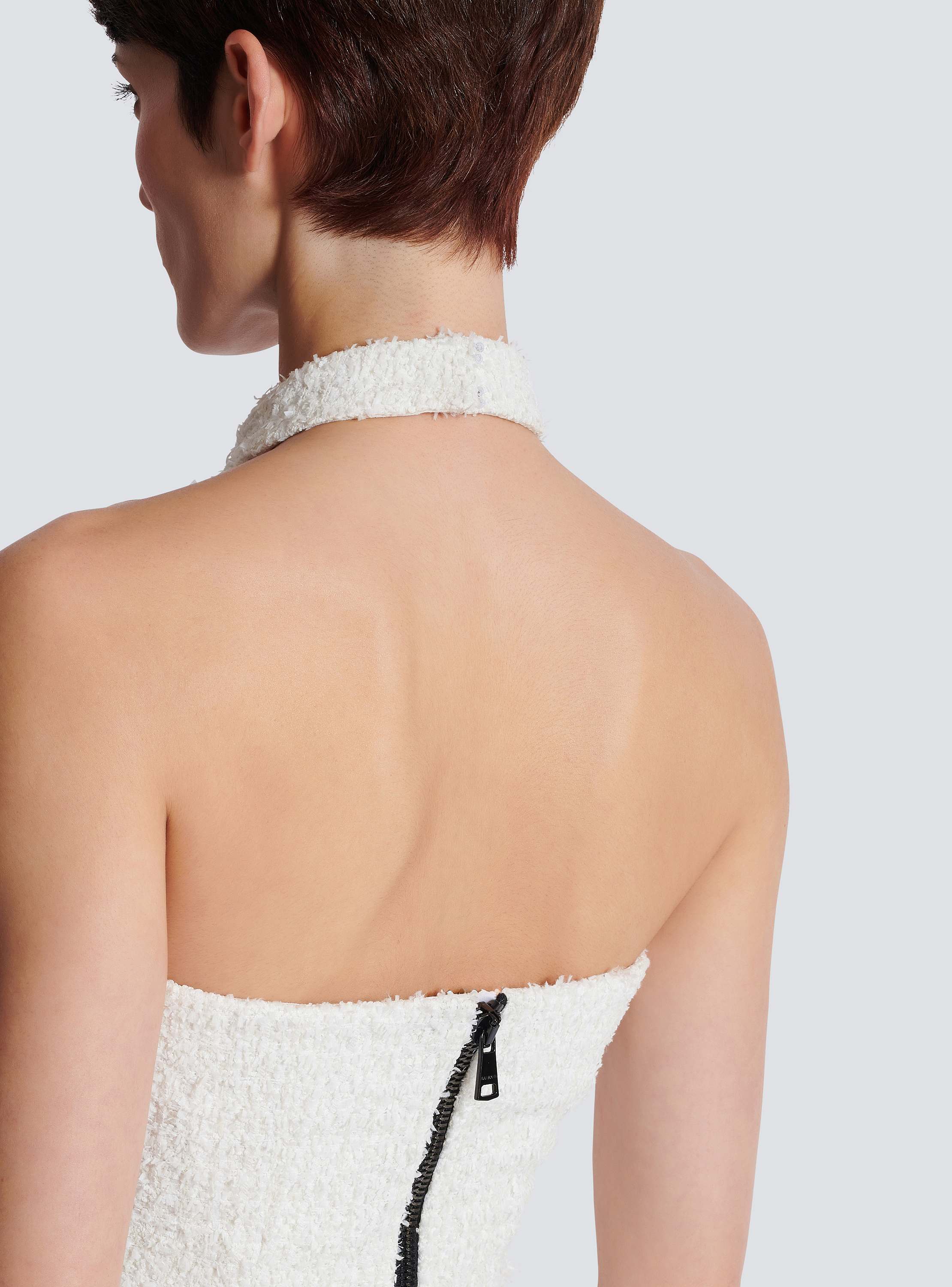 Halterneck love letter embroidered tweed top