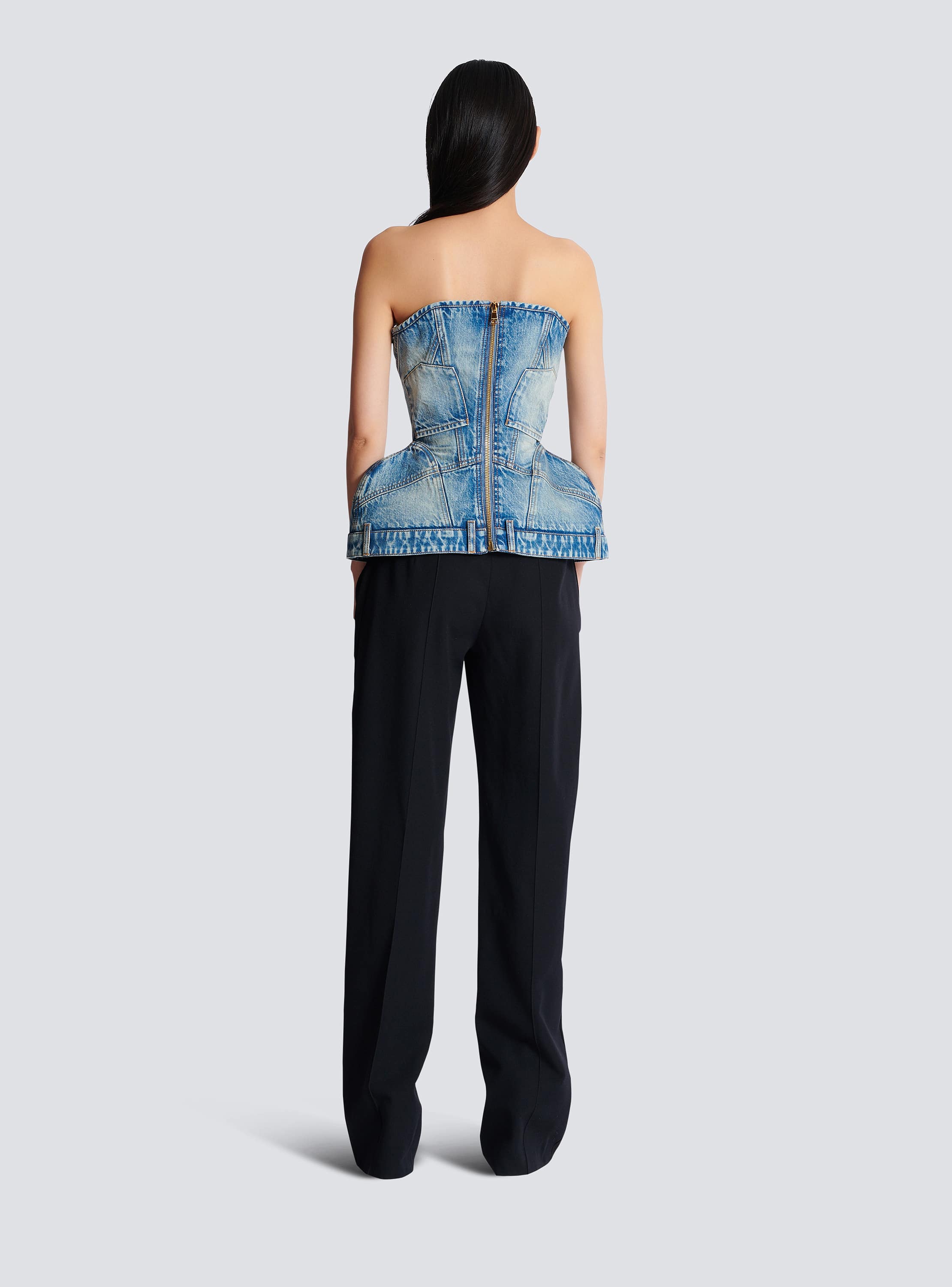 新品:CALNAMUR GLITTER DENIM RIBBON BUSTIER Structured denim bustier - Women | BALMAIN