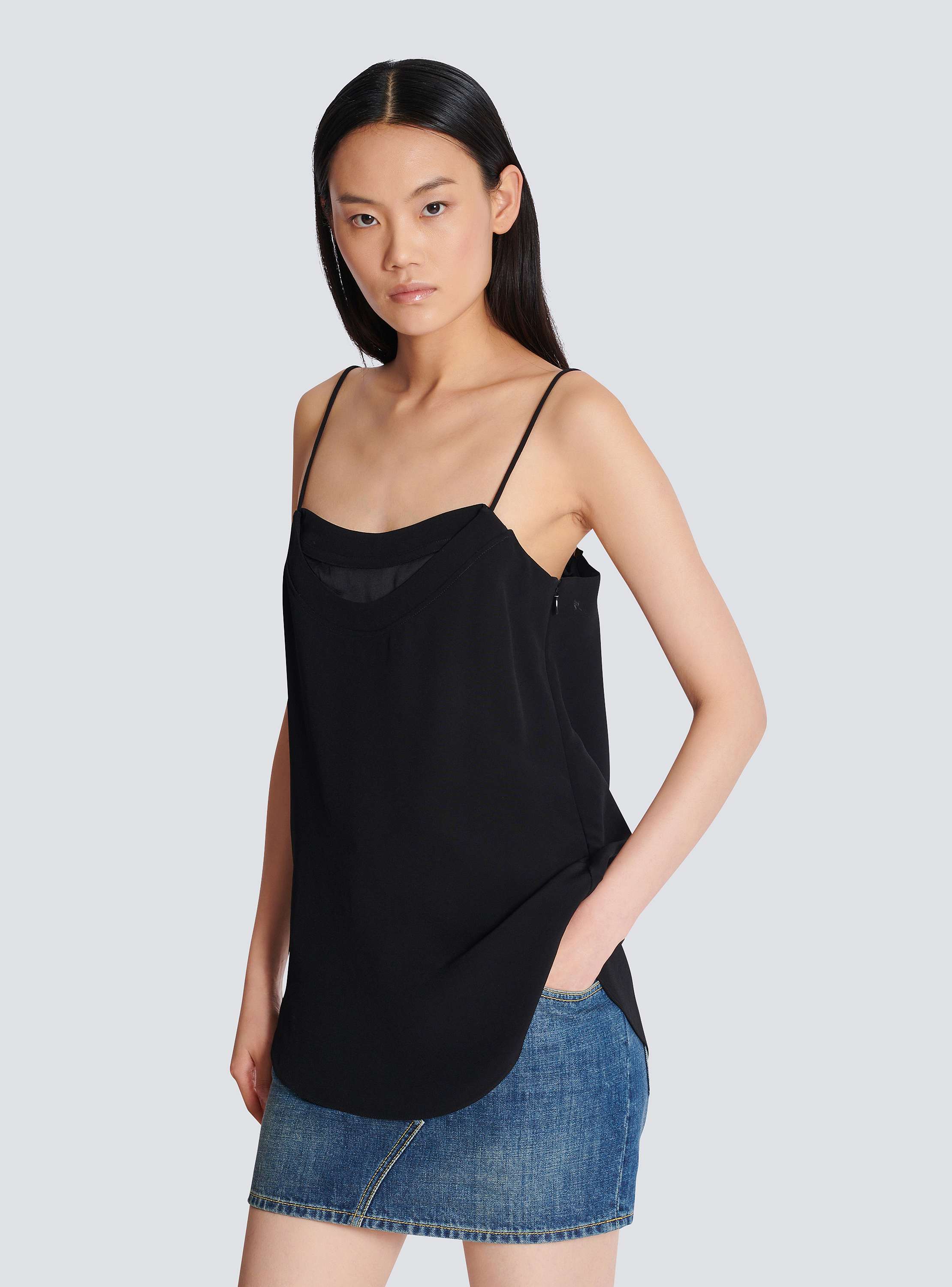 Thin-strap double-collar crepe satin top