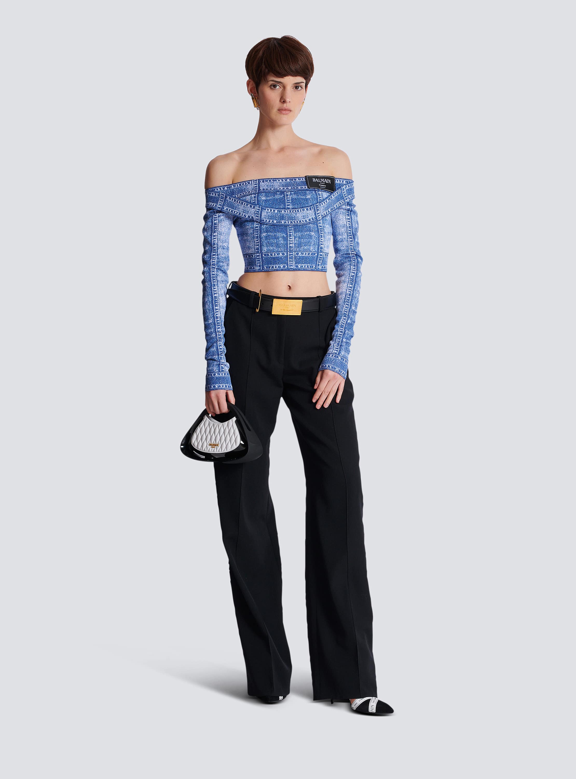 Long-sleeve double col denim trompe-l'œil top