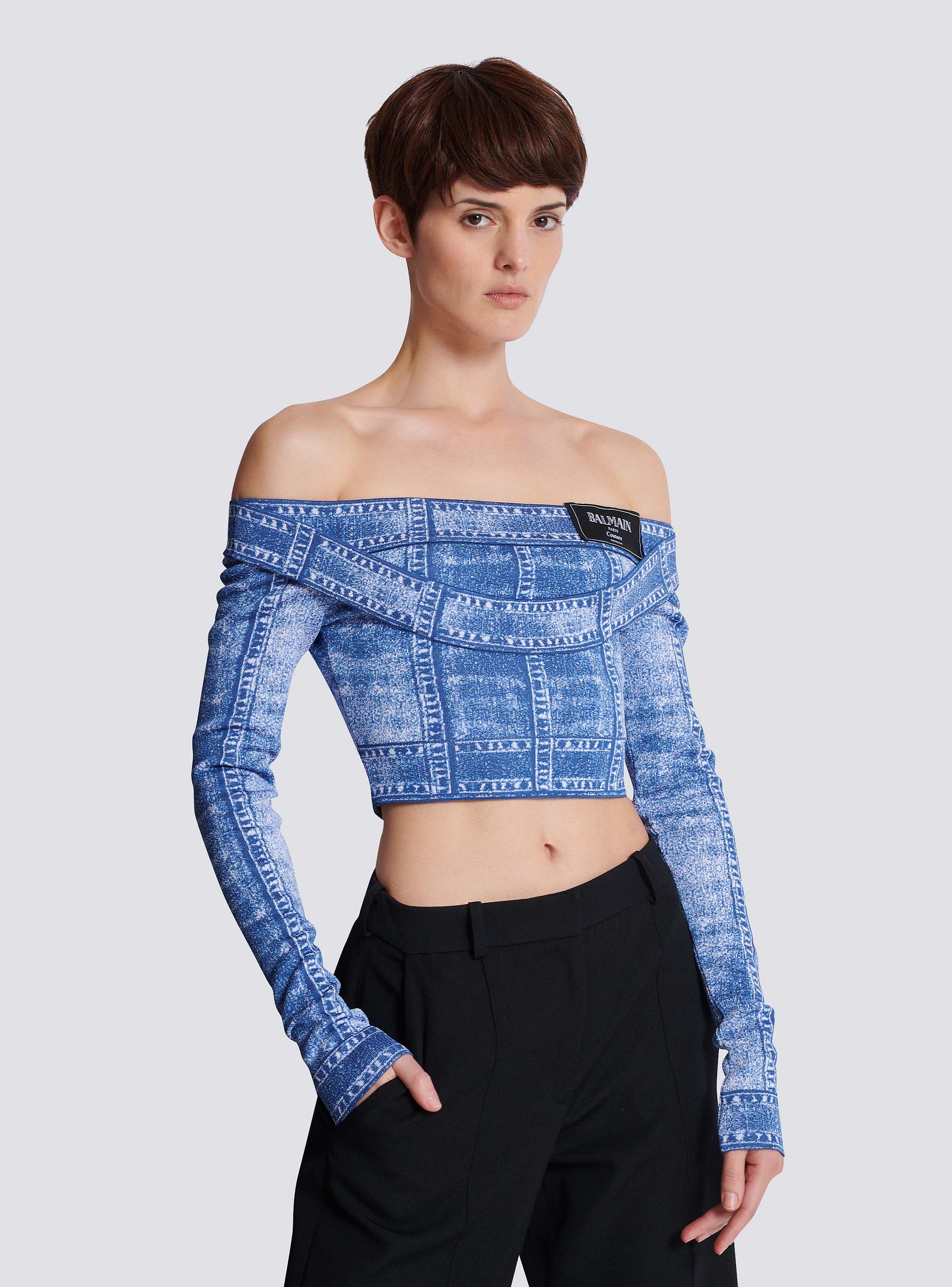 Long-sleeve double col denim trompe-l'œil top