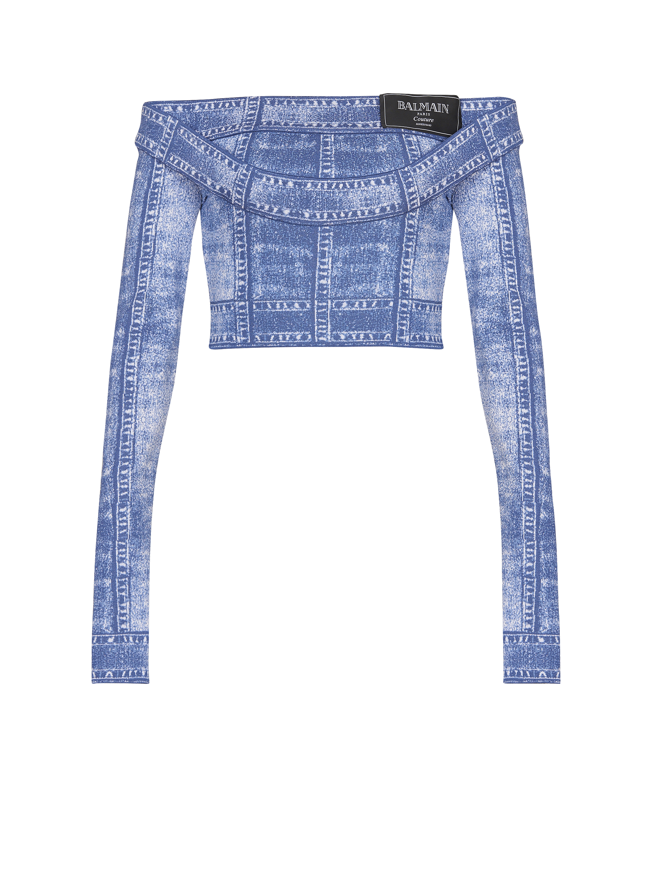 Long-sleeve double col denim trompe-l'œil top