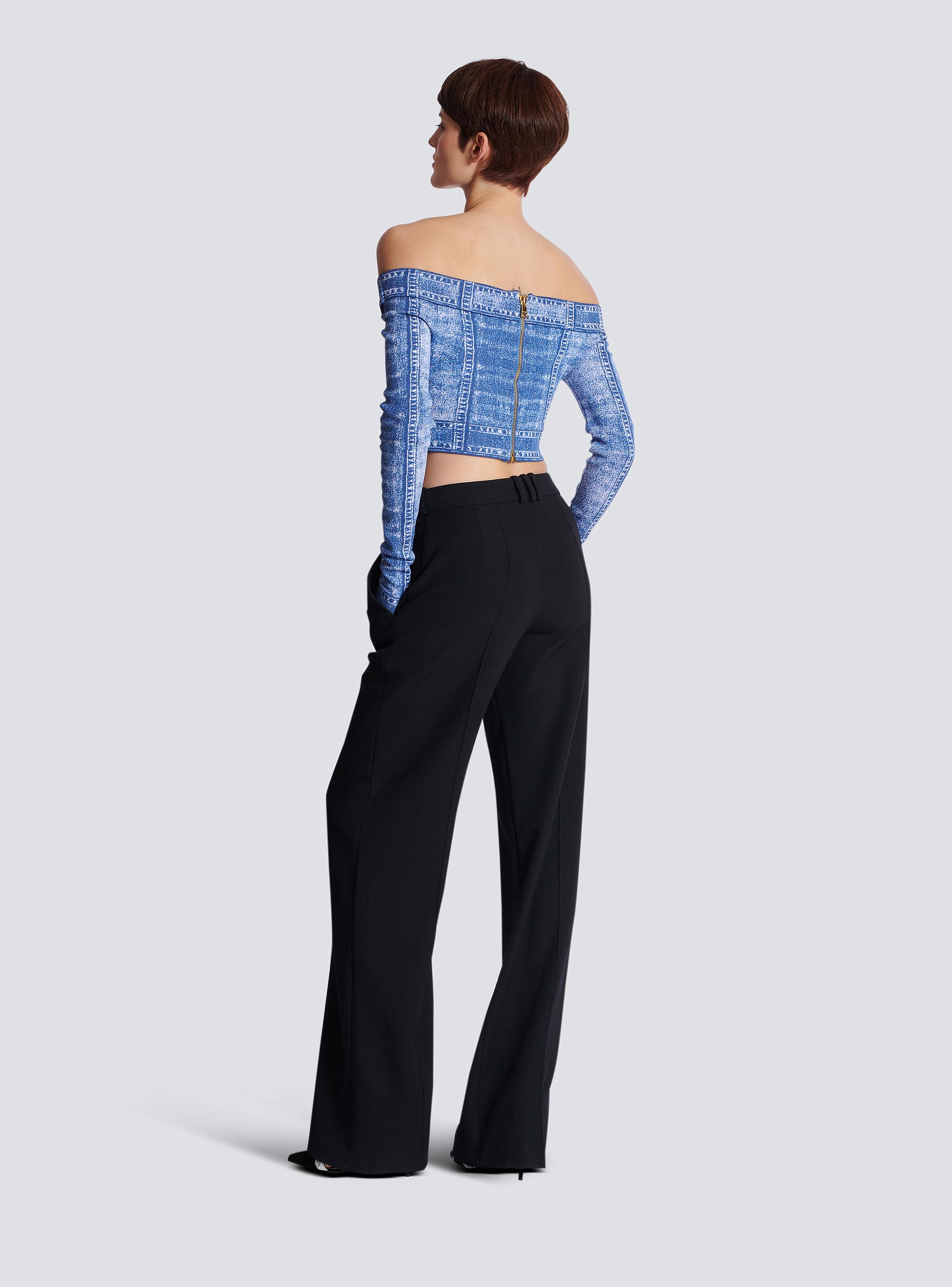 Long-sleeve double col denim trompe-l'œil top