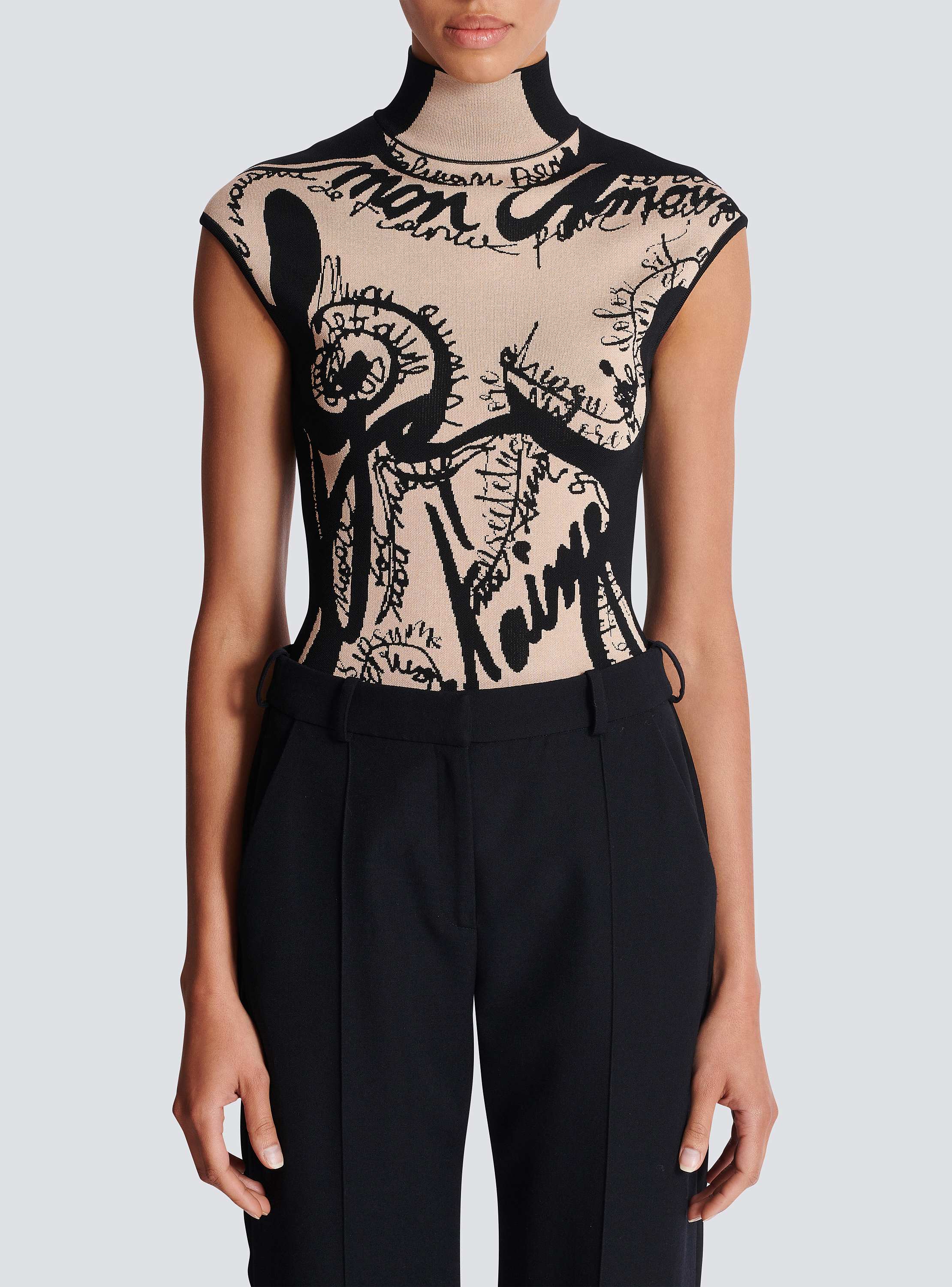 Jacquard knit bodysuit with torso motif beige - Women | BALMAIN