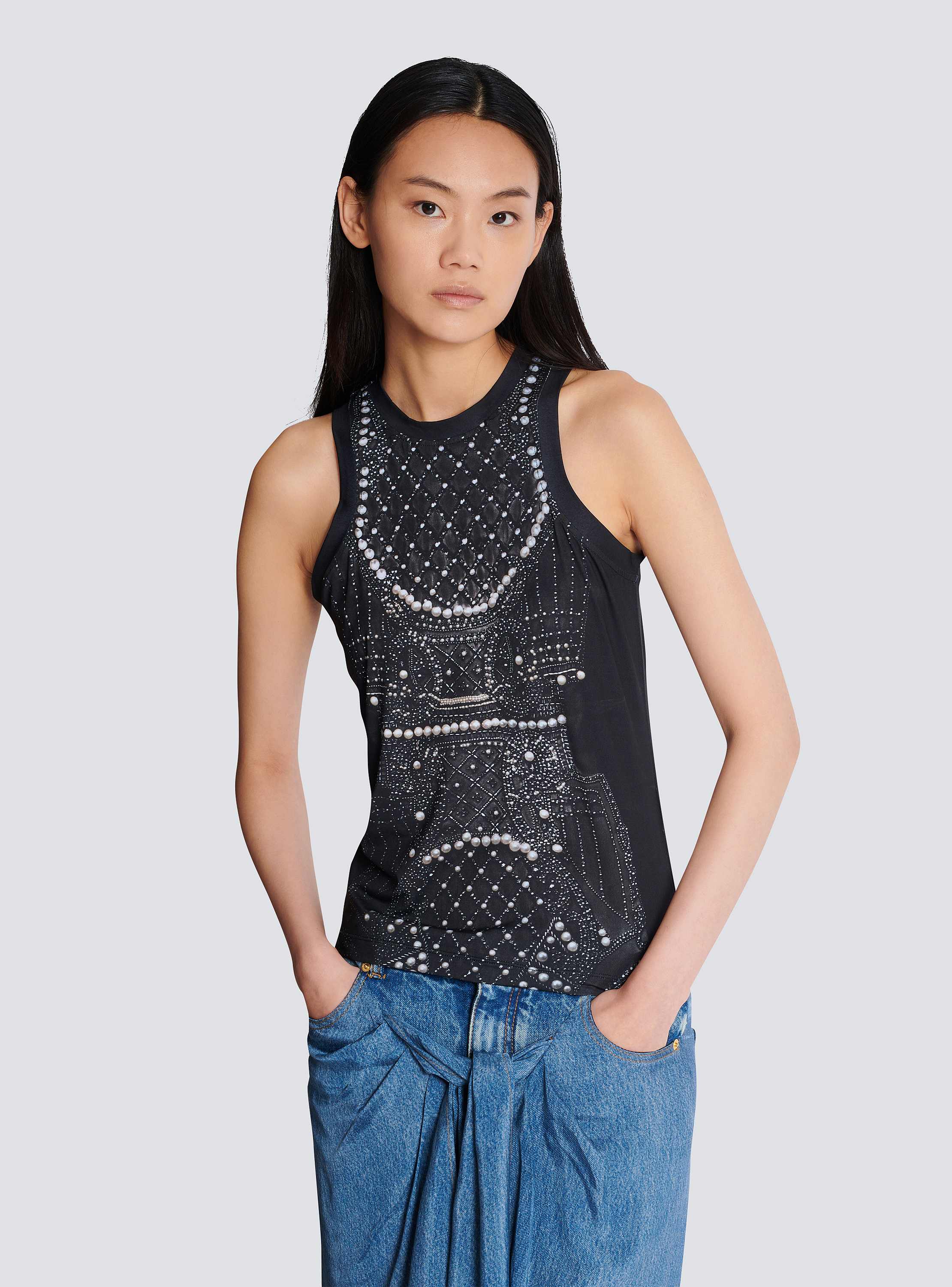 Soft tank top with faux embroidery print black - Women | BALMAIN