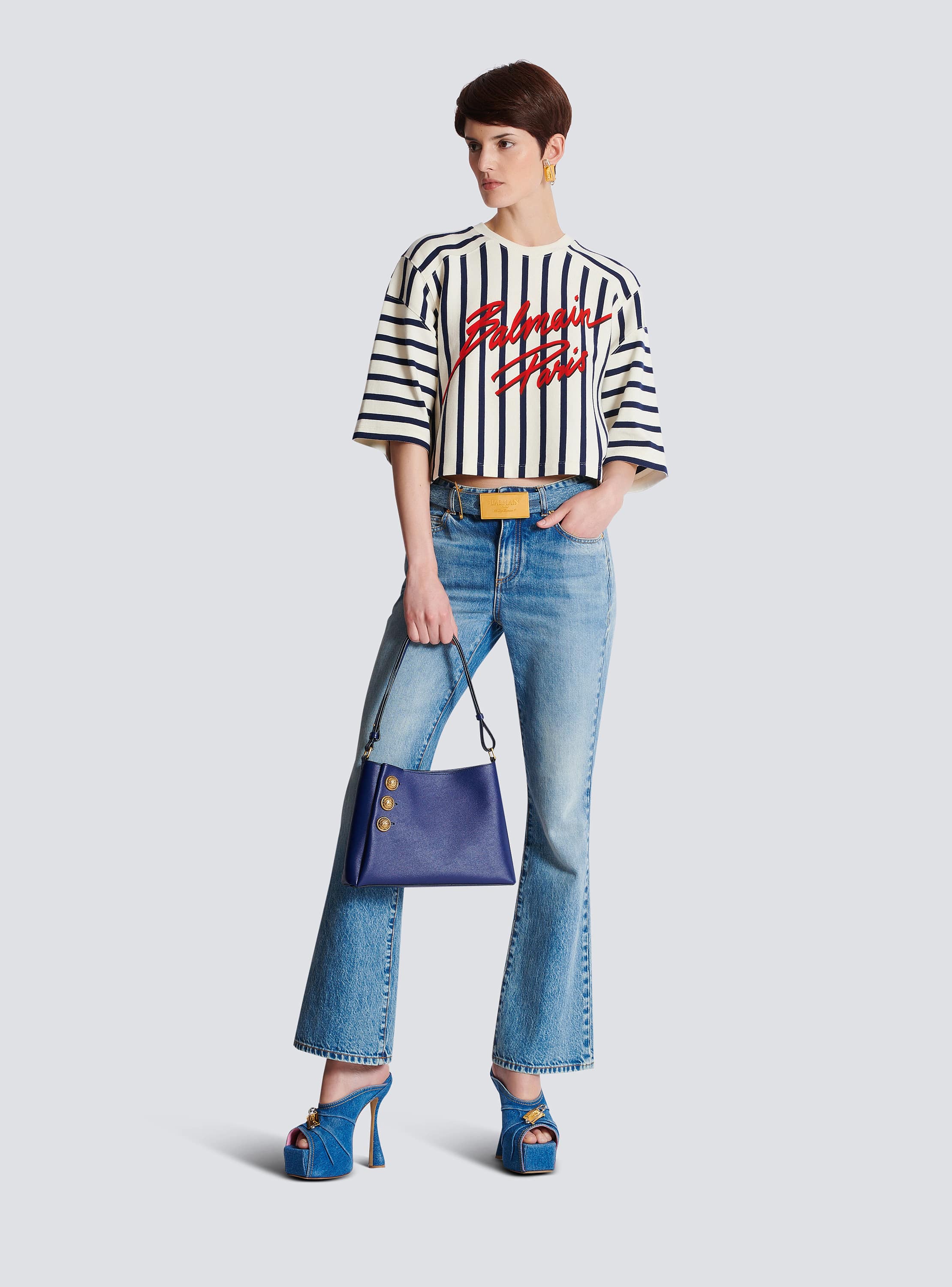 Tシャツ・カットソー BALMAIN CROPPED BALMAIN BASEBALL T-SHIRT (EF1EE080BC95 GOU) Striped Balmain Baseball top - Women | BALMAIN