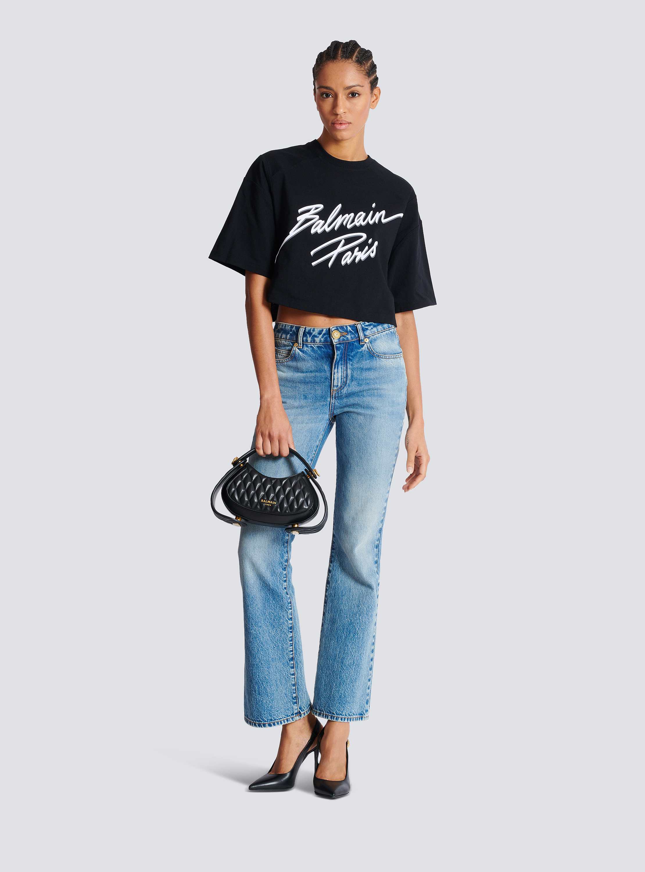 Cropped T-shirt with flocked Balmain Letter logo black