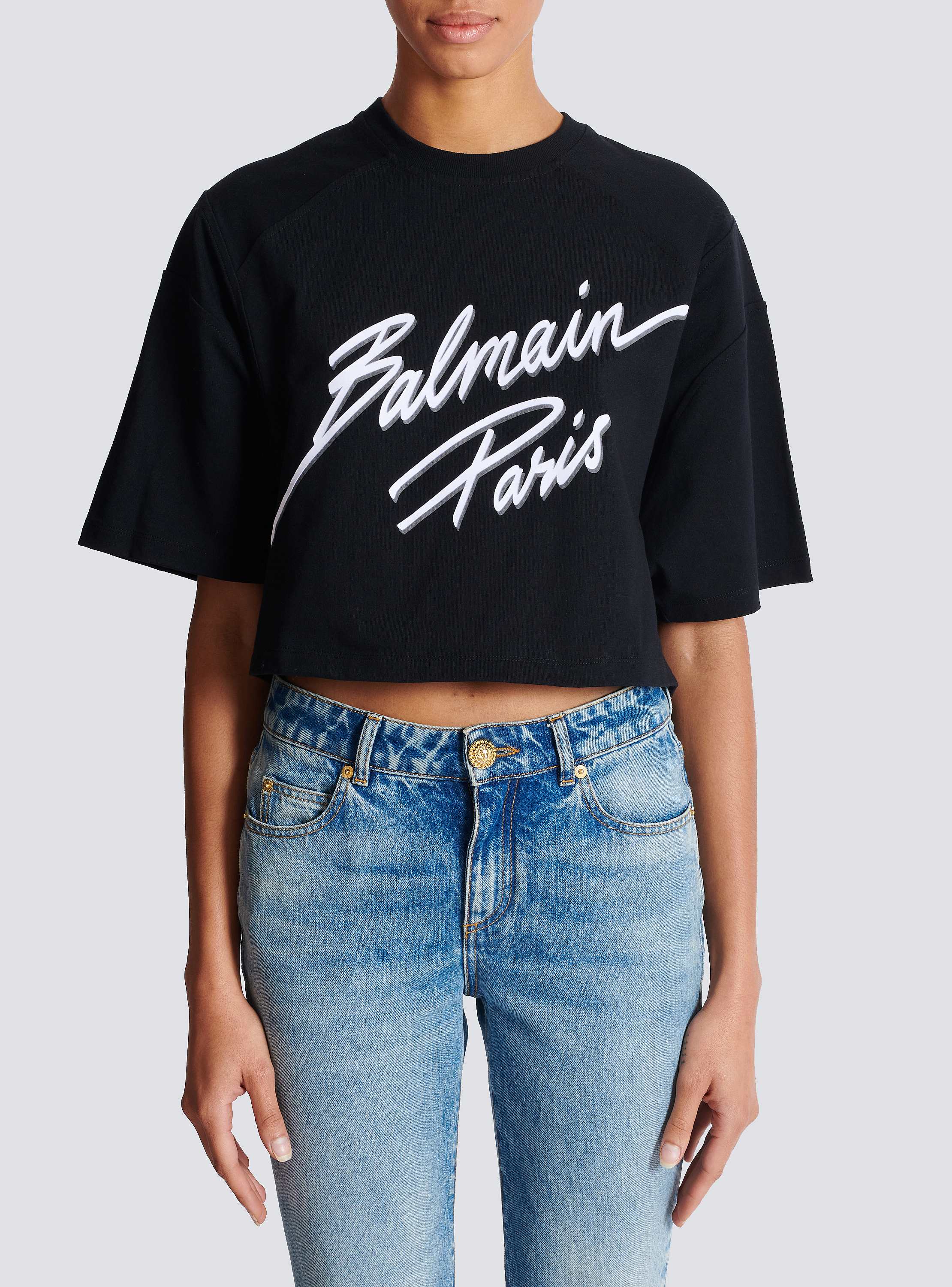 Balmain CF1LB004KF530PA 関税送料込 Cropped T-shirt with flocked Balmain Letter logo - Women