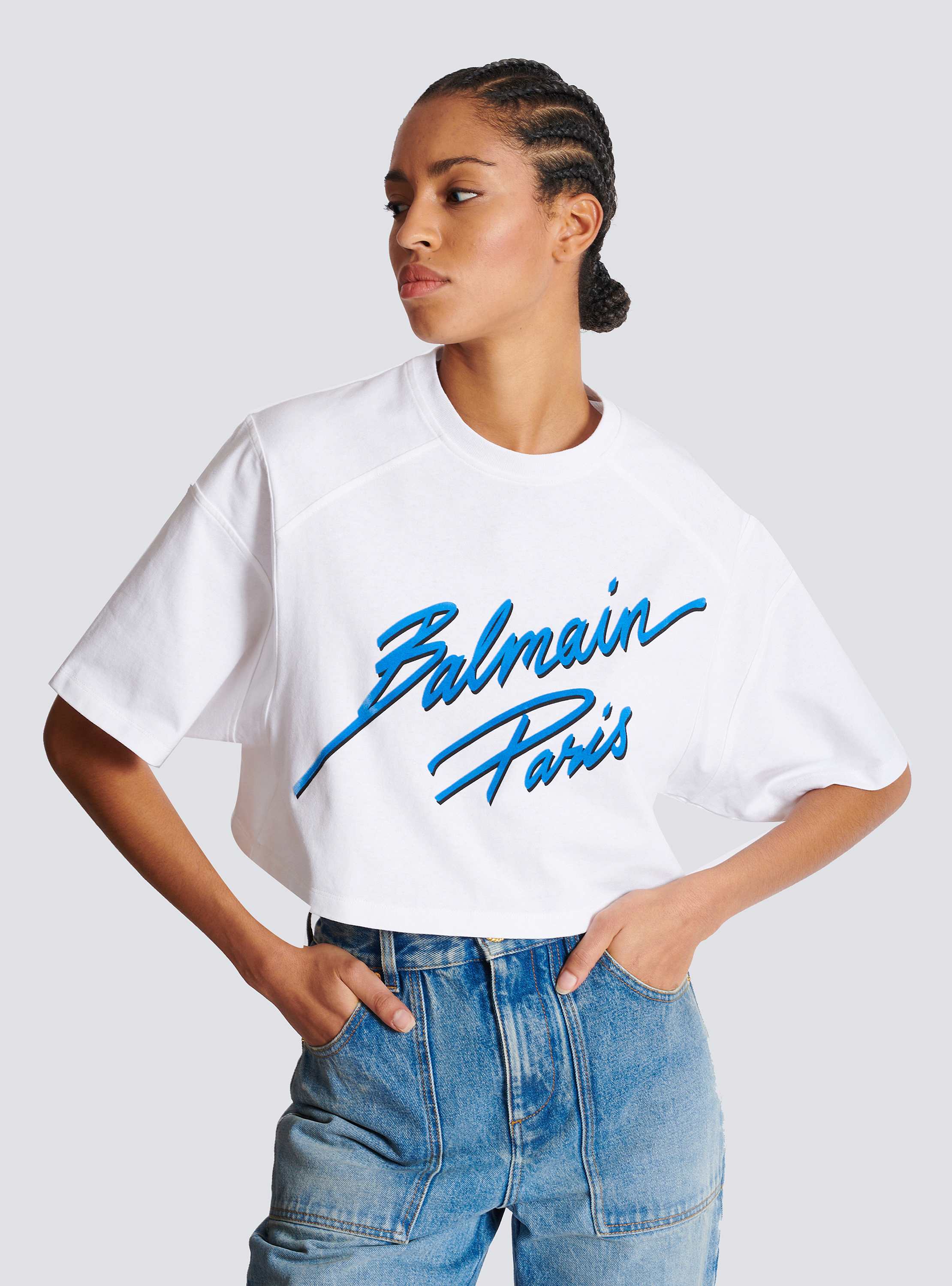 Cropped T-shirt with flocked Balmain Letter logo white