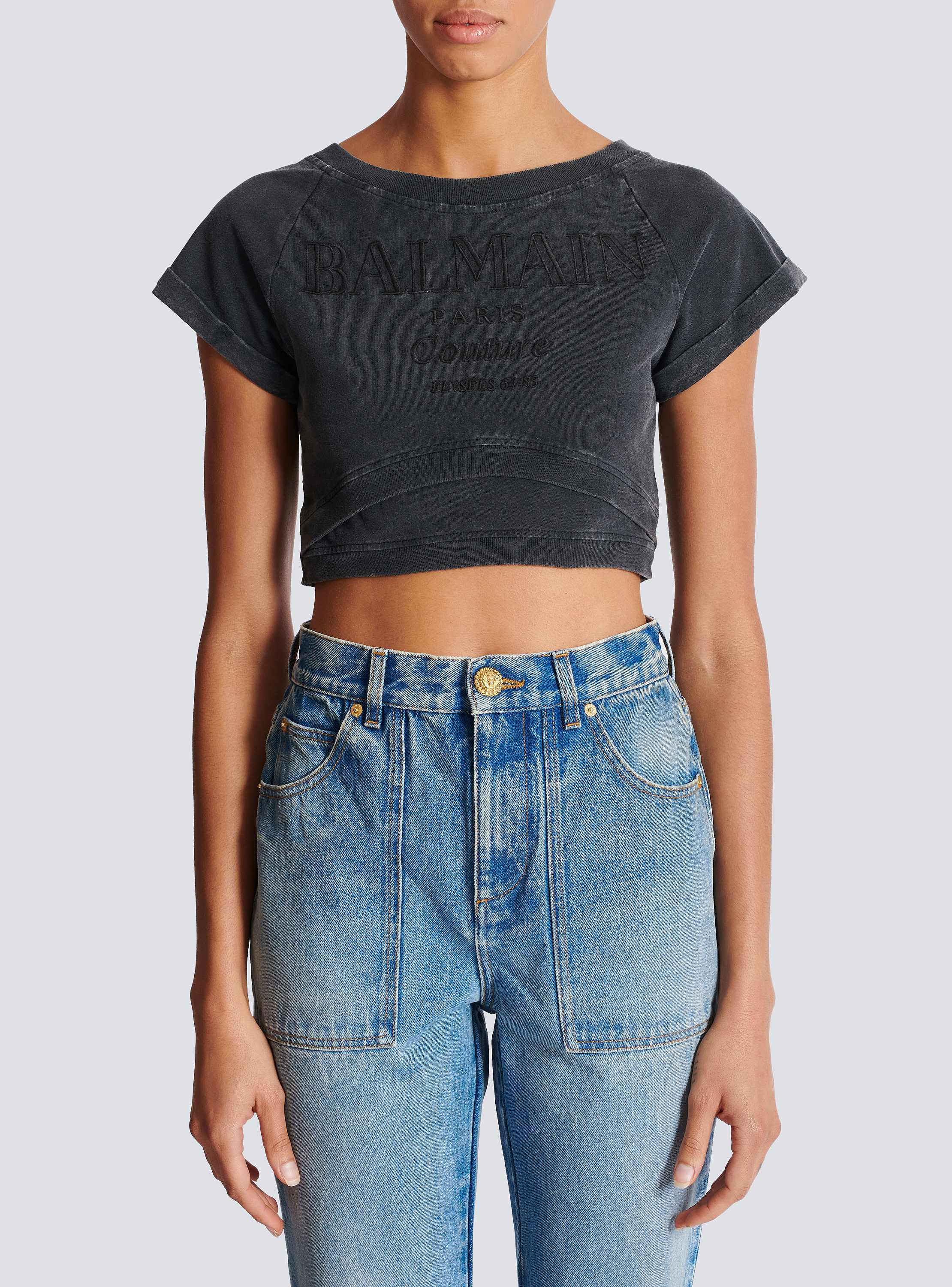 定番 Couture Balmain Cropped embroidered Women - grey T-shirt トップス