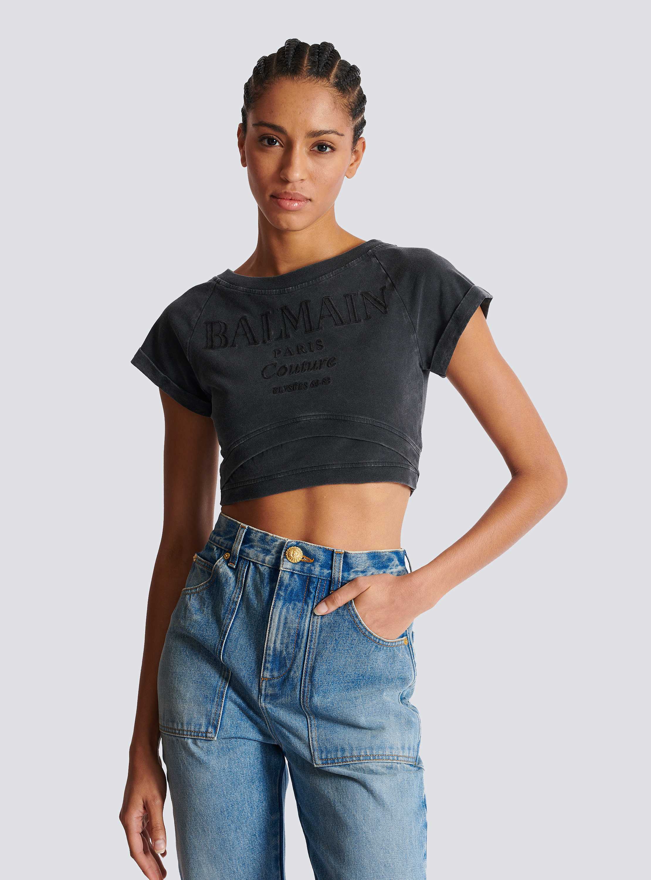 【格安saleスタート】 Cropped Balmain Couture embroidered T-shirt grey - Women トップス
