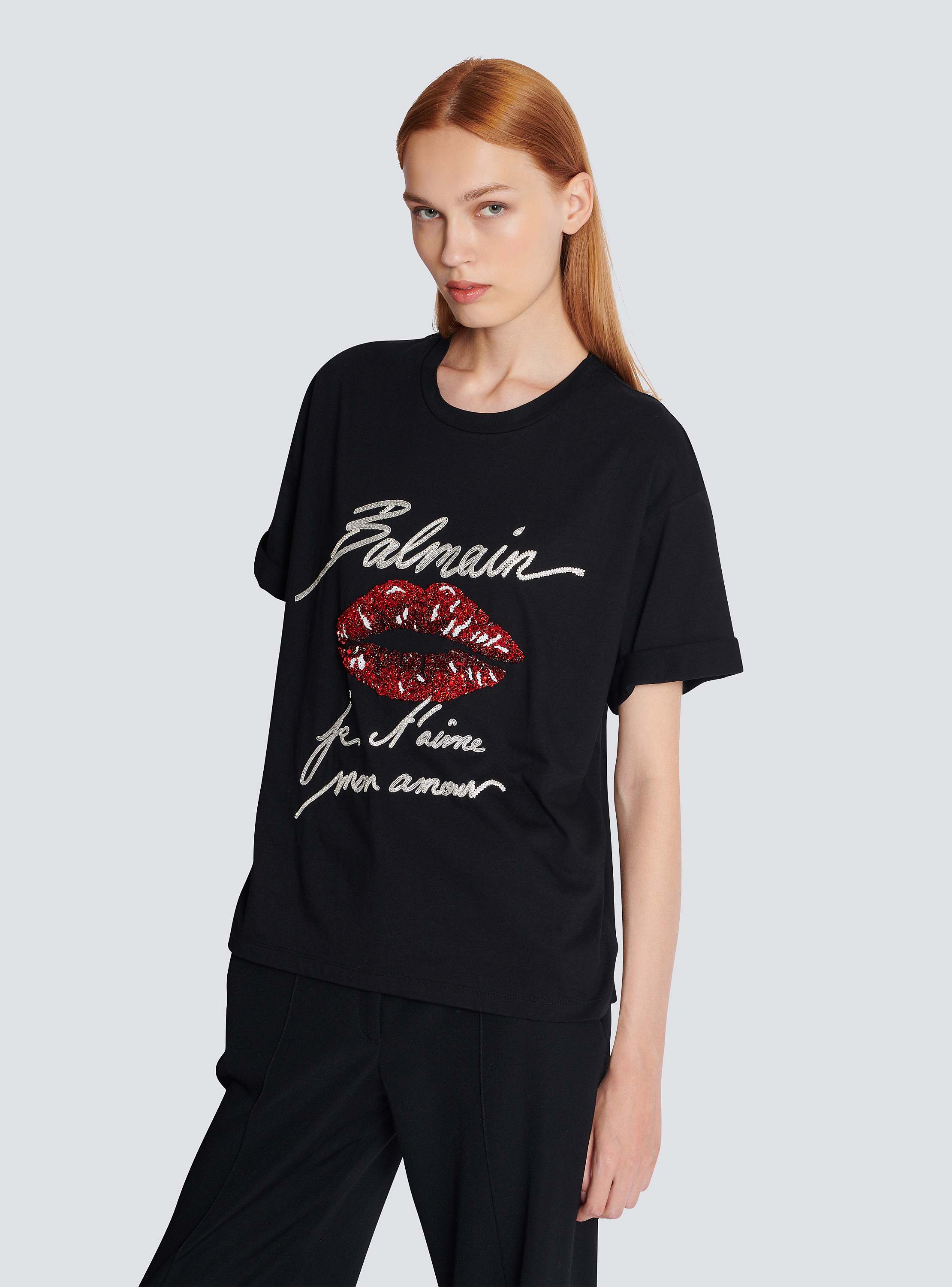 Short-sleeved T-shirt with Kiss embroidery - Women | BALMAIN