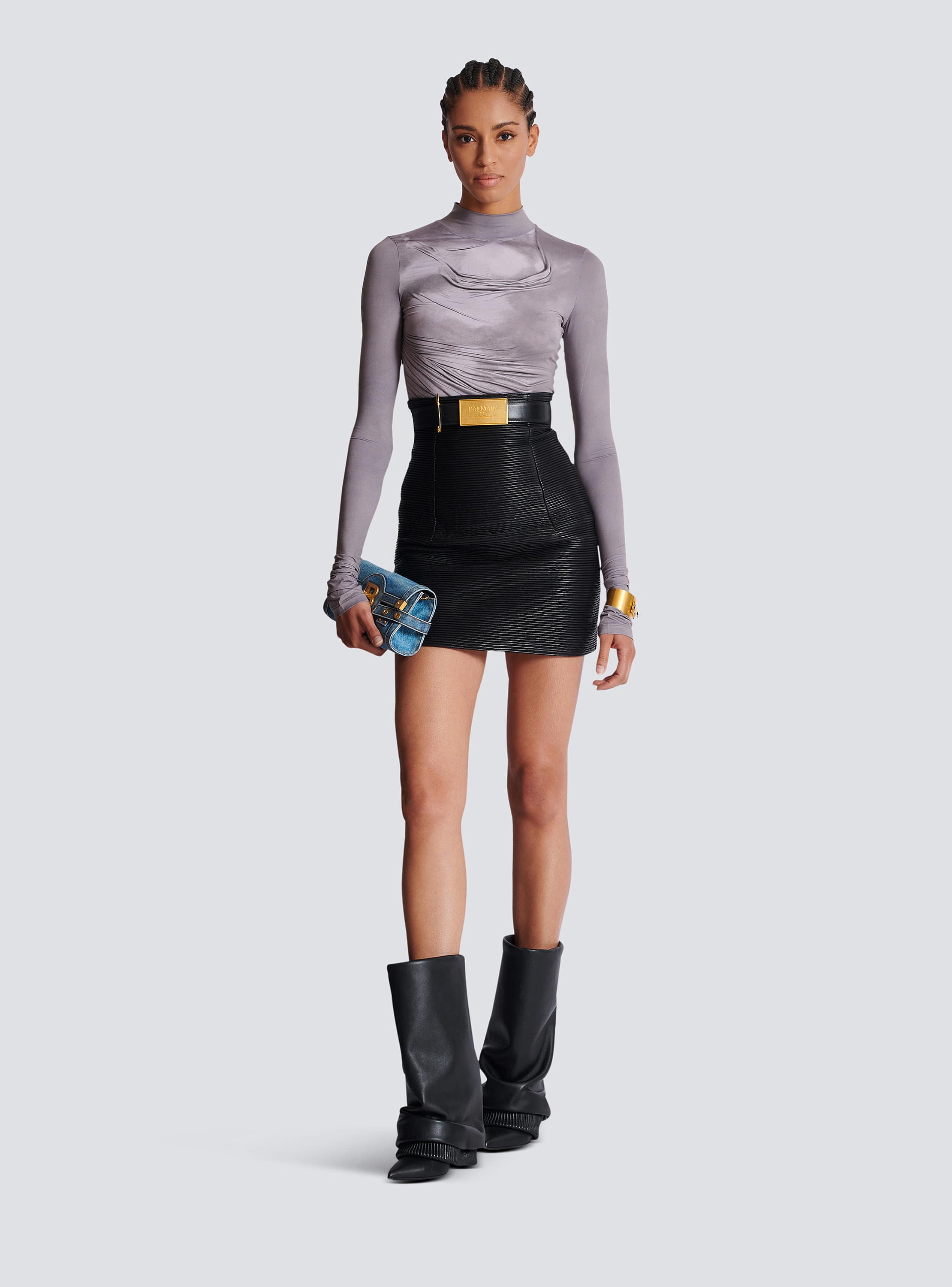 Long-sleeve high-neck draped print trompe-l'œil t-shirt